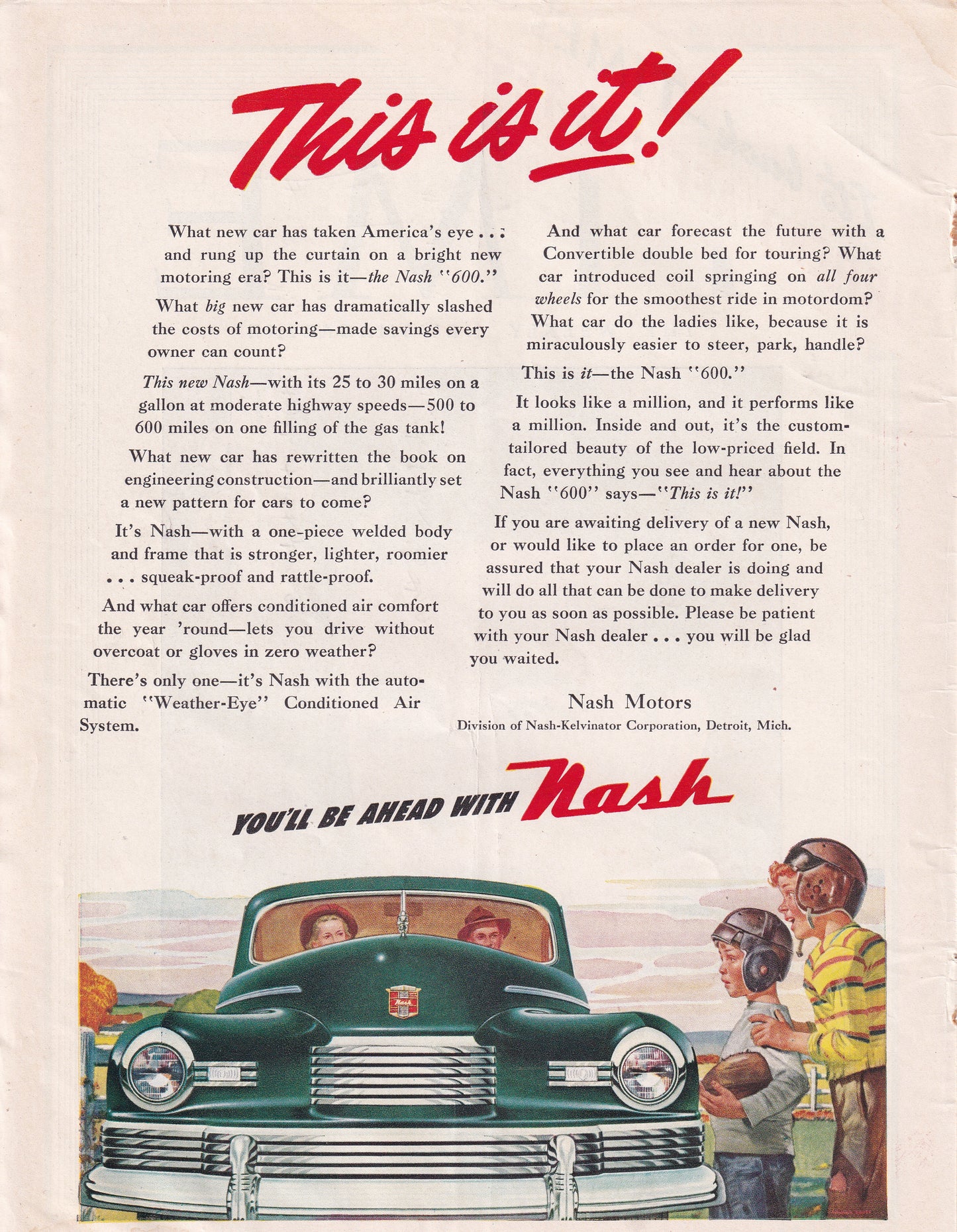1946 Original Vintage Automobile Magazine Ad - Rare Americana - Nash This is IT