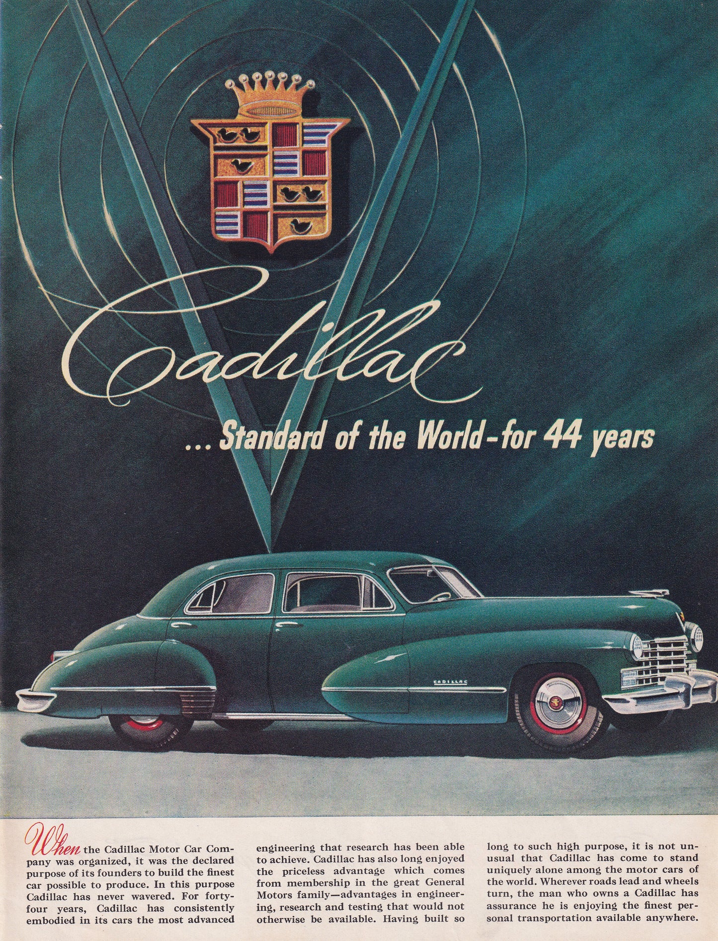 1946 Original Vintage Automobile Magazine Ad - Rare Americana - Cadillac Standard of the World 44 Years