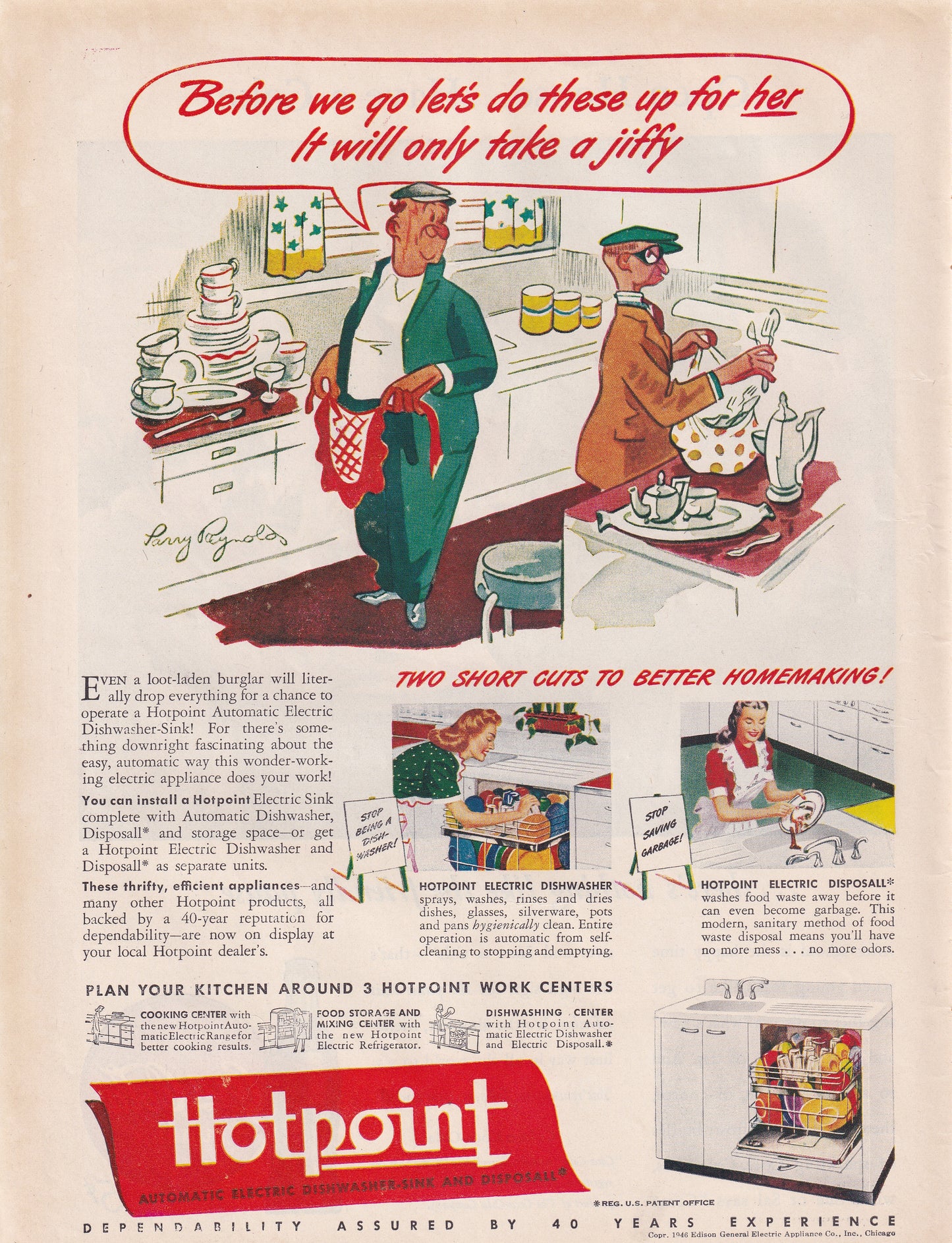1946 SEXIST Hotpoint Dishwasher Robbers Do Her Job Original Vintage Ad - Rare Americana