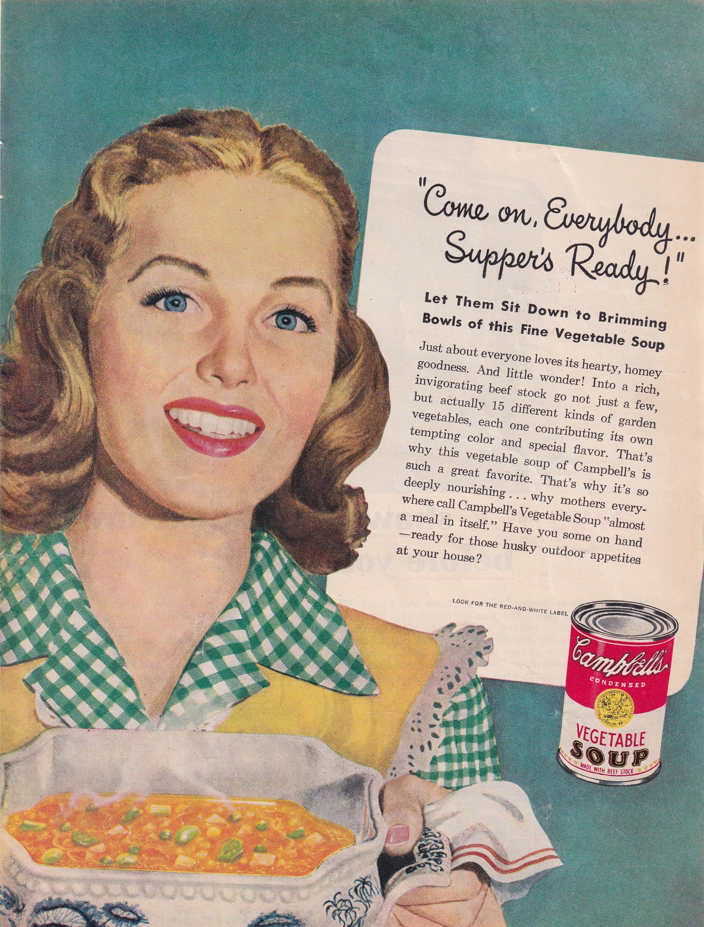 1946 Original Vintage Magazine Ad - Rare Americana - Campbell's Vegetable Soup Mom Supper's Ready
