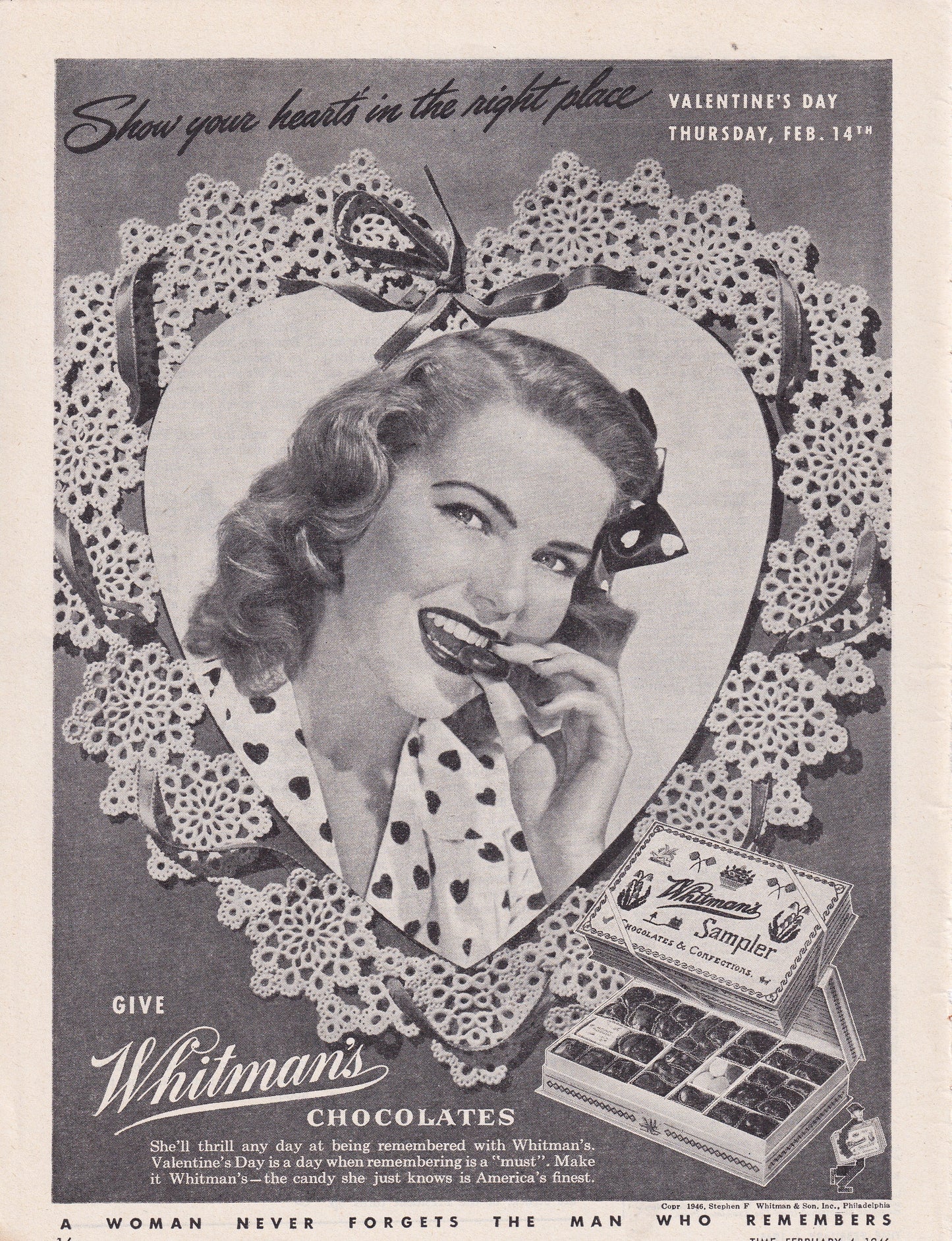 1946 Original Vintage Magazine Ad - Rare Americana - Whitman's Chocolate Sampler Valentine's Day Feb 14