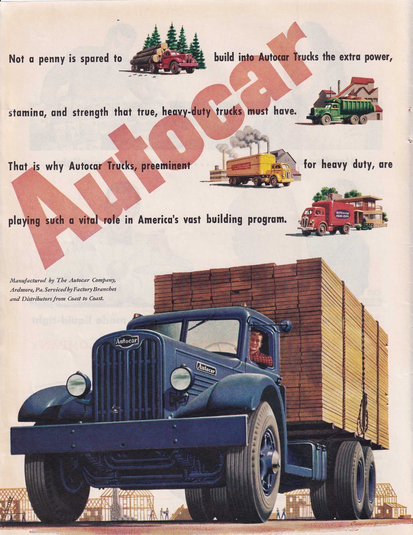 1946 Original Vintage Magazine Ad - Rare Americana - Autocar Truck Wood Hauling