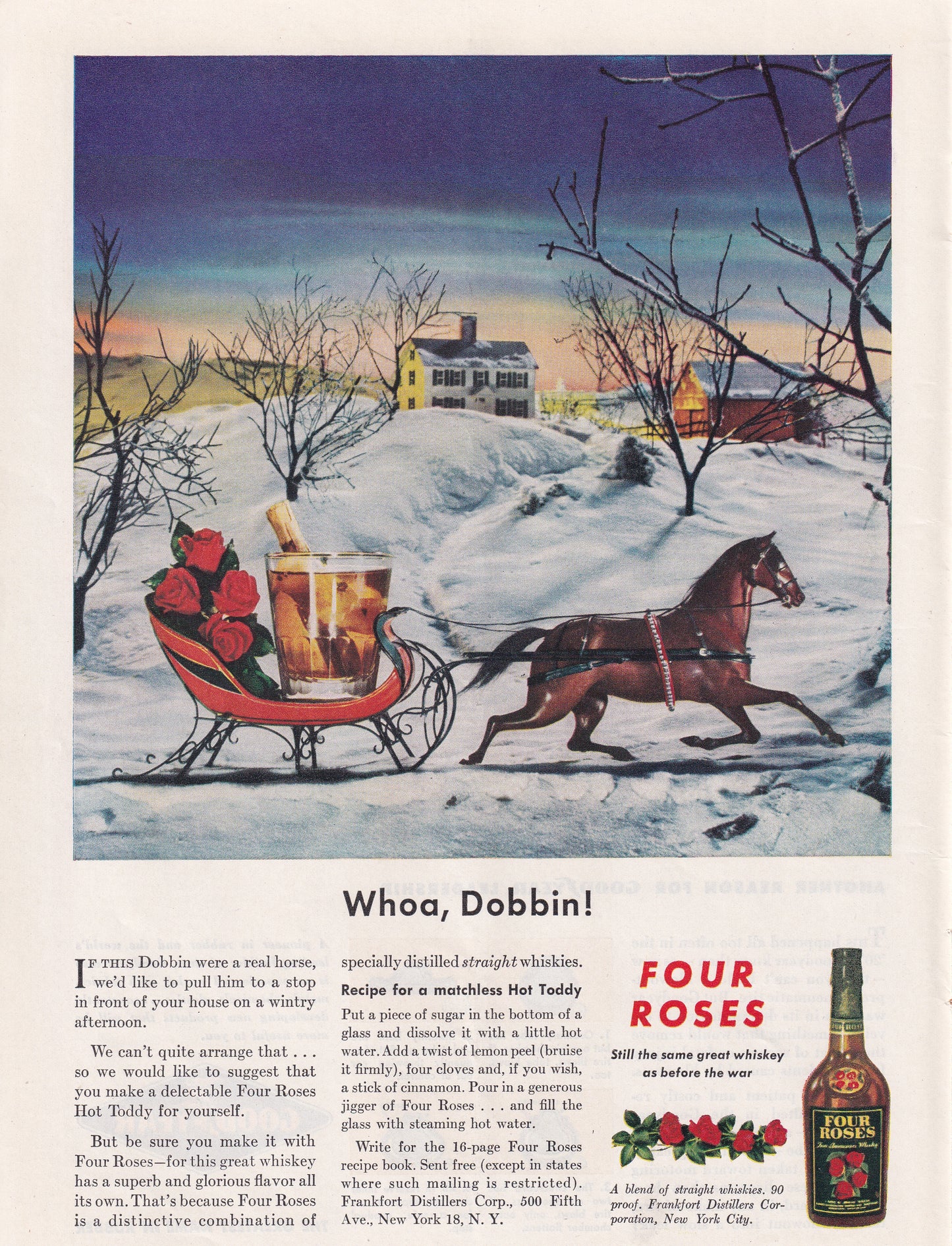 1946 Original Vintage Magazine Ad - Rare Americana - Four Roses Whiskey Horse Whoa Dobbin