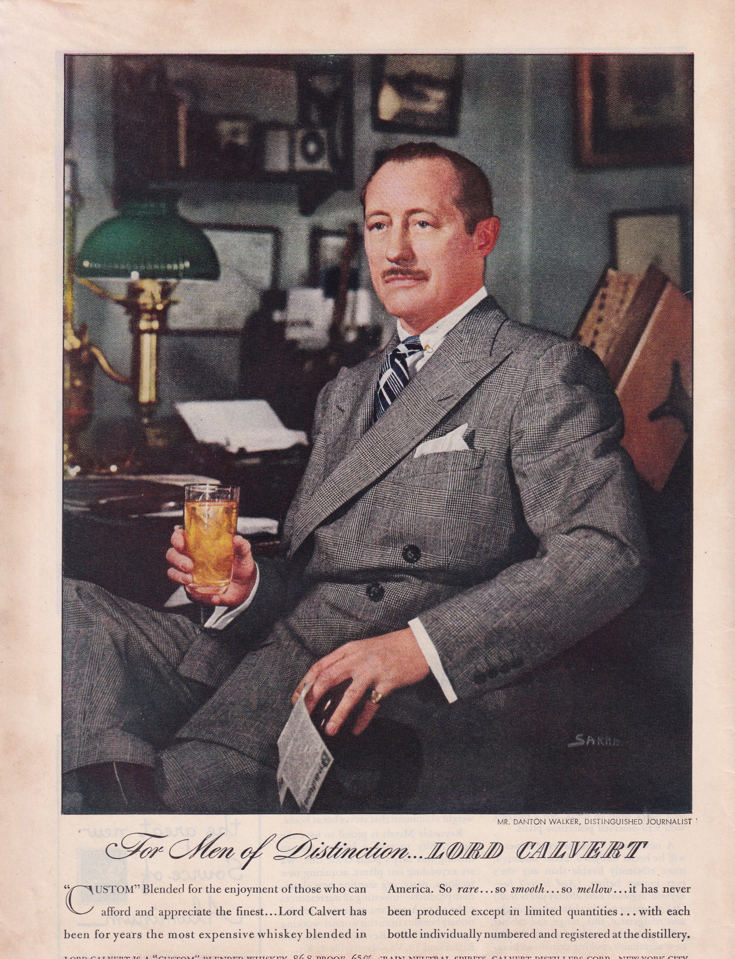 1946 Original Vintage Magazine Ad - Rare Americana - Lord Calvert Whiskey Men of Distinction Mr. Danton Walker