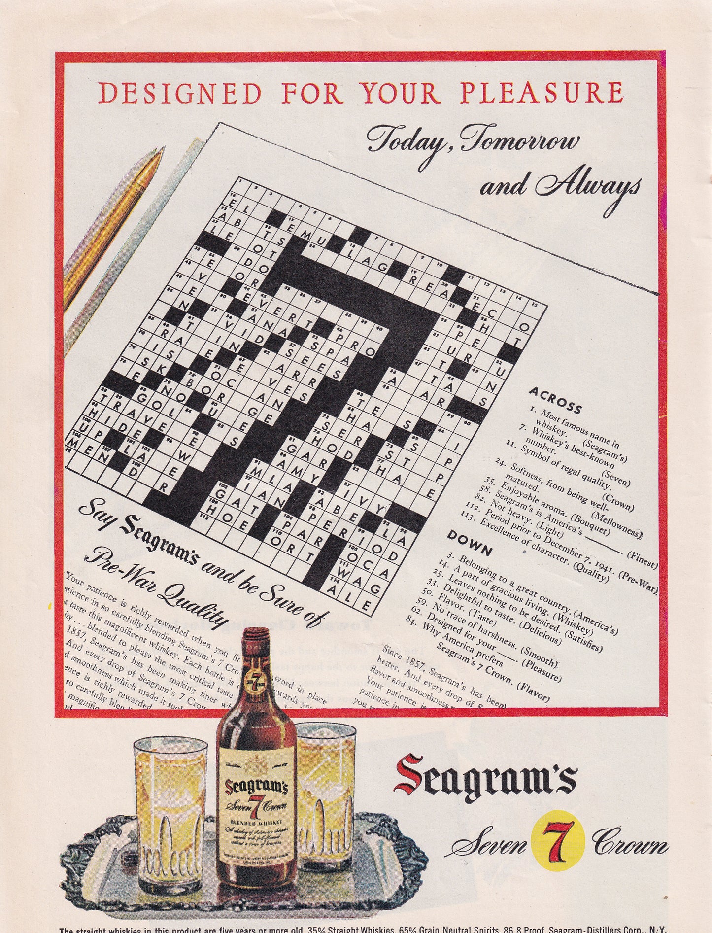 1946 Original Vintage Magazine Ad - Rare Americana - Seagram's Seven Crown Whiskey Crossword Puzzle