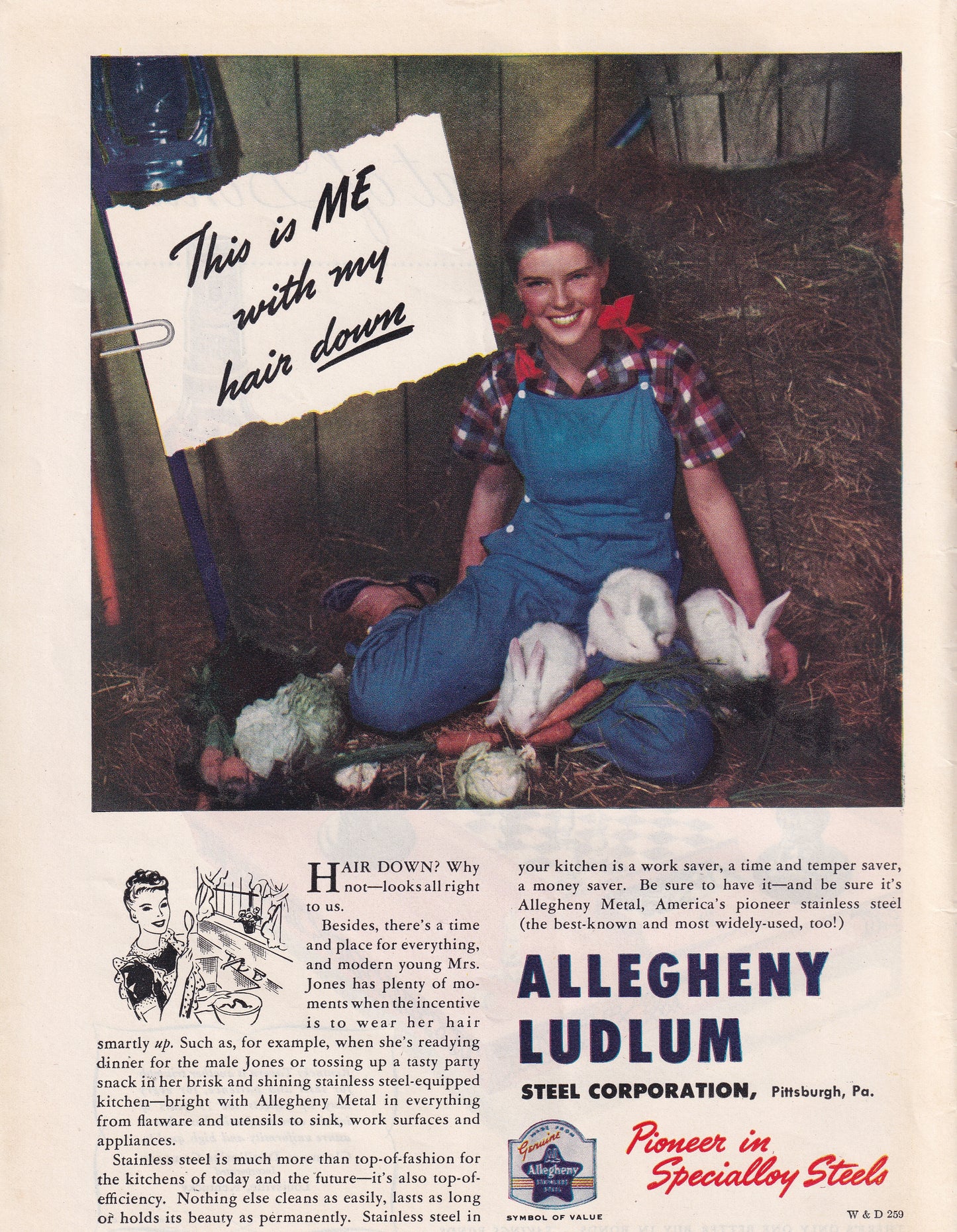 1946 Original Vintage Magazine Ad - Rare Americana - Allegheny Ludlum Farmers Daughter with Hair Down