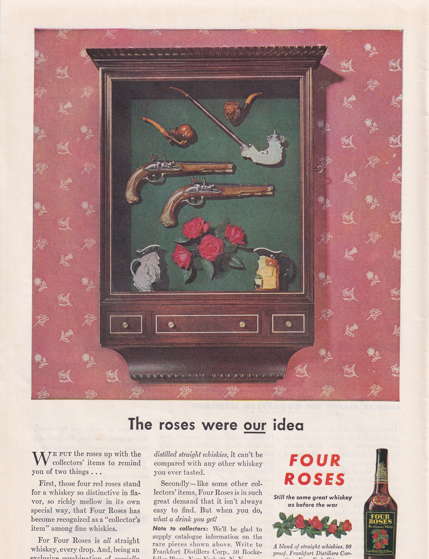 1946 Original Vintage Magazine Ad - Rare Americana - Four Roses Whiskey Pistols