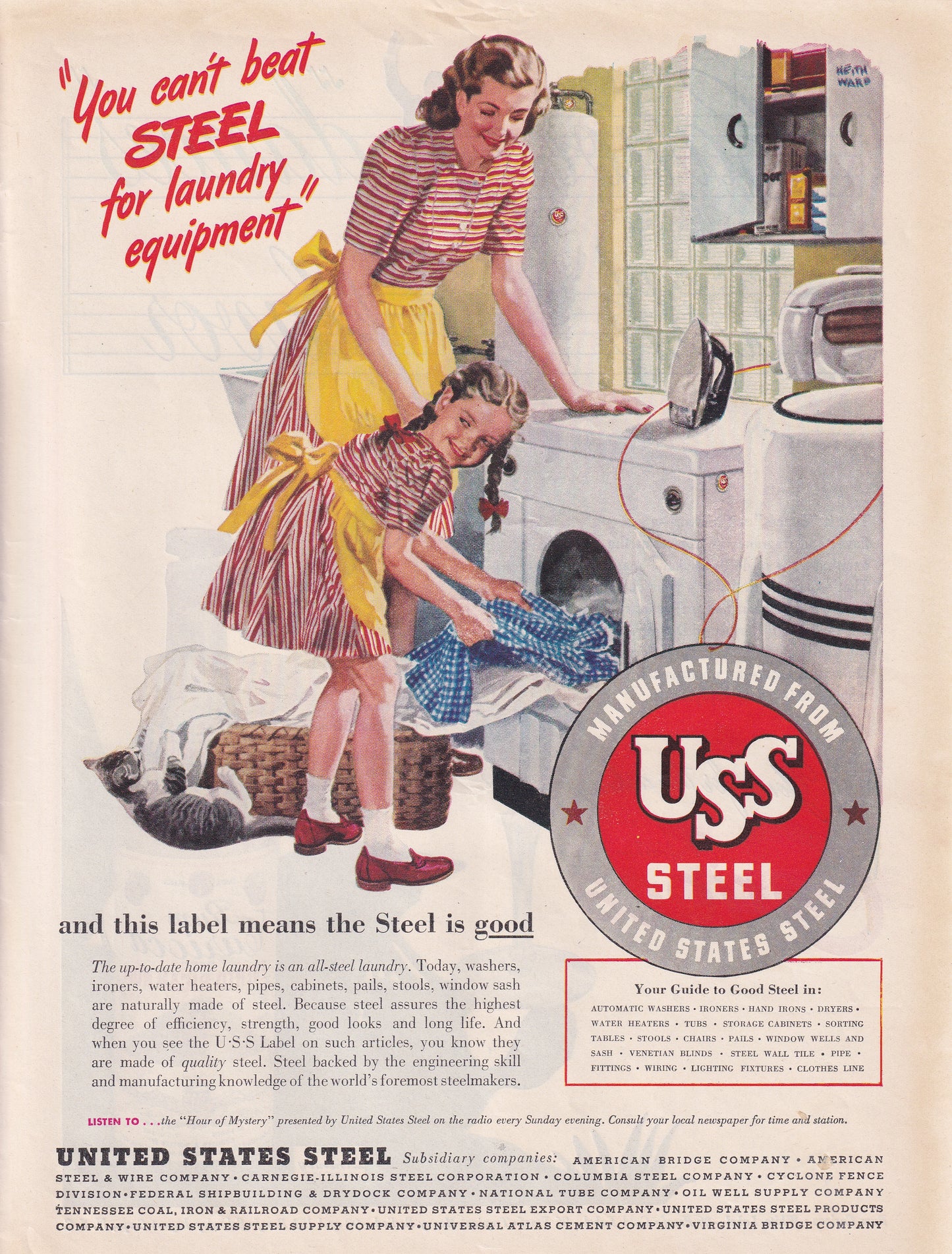 1946 Original Vintage Magazine Ad - Rare Americana - US Steel Mother and Daughter Doing Laundry