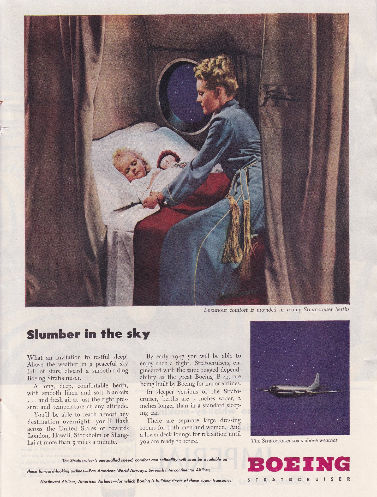 1946 Original Vintage Magazine Ad - Rare Americana - Boeing Stratocruiser Slumber in the Sky Child Sleeping