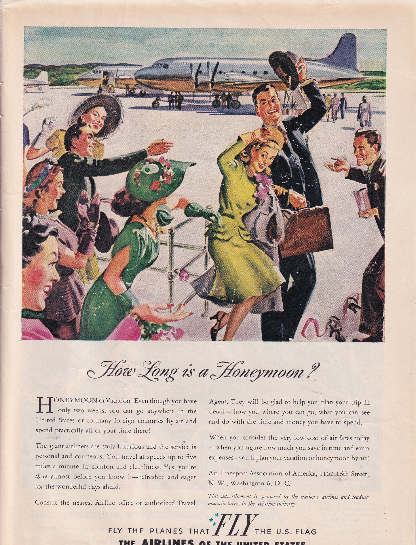 1946 Original Vintage Magazine Ad - Rare Americana - Airlines of United States How Long is a Honeymoon