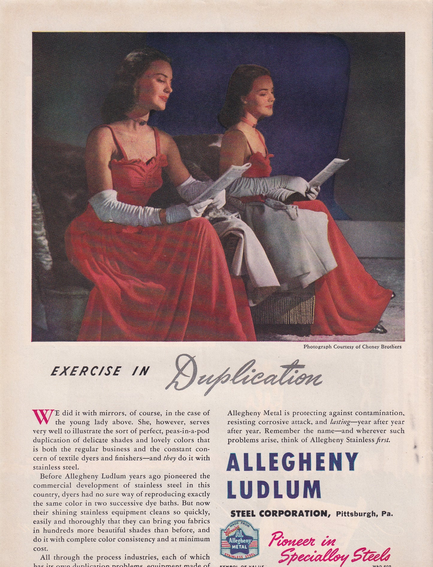 1946 Original Vintage Magazine Ad - Rare Americana - Allegheny Ludlum Excercise in Duplication Pretty Twin Women