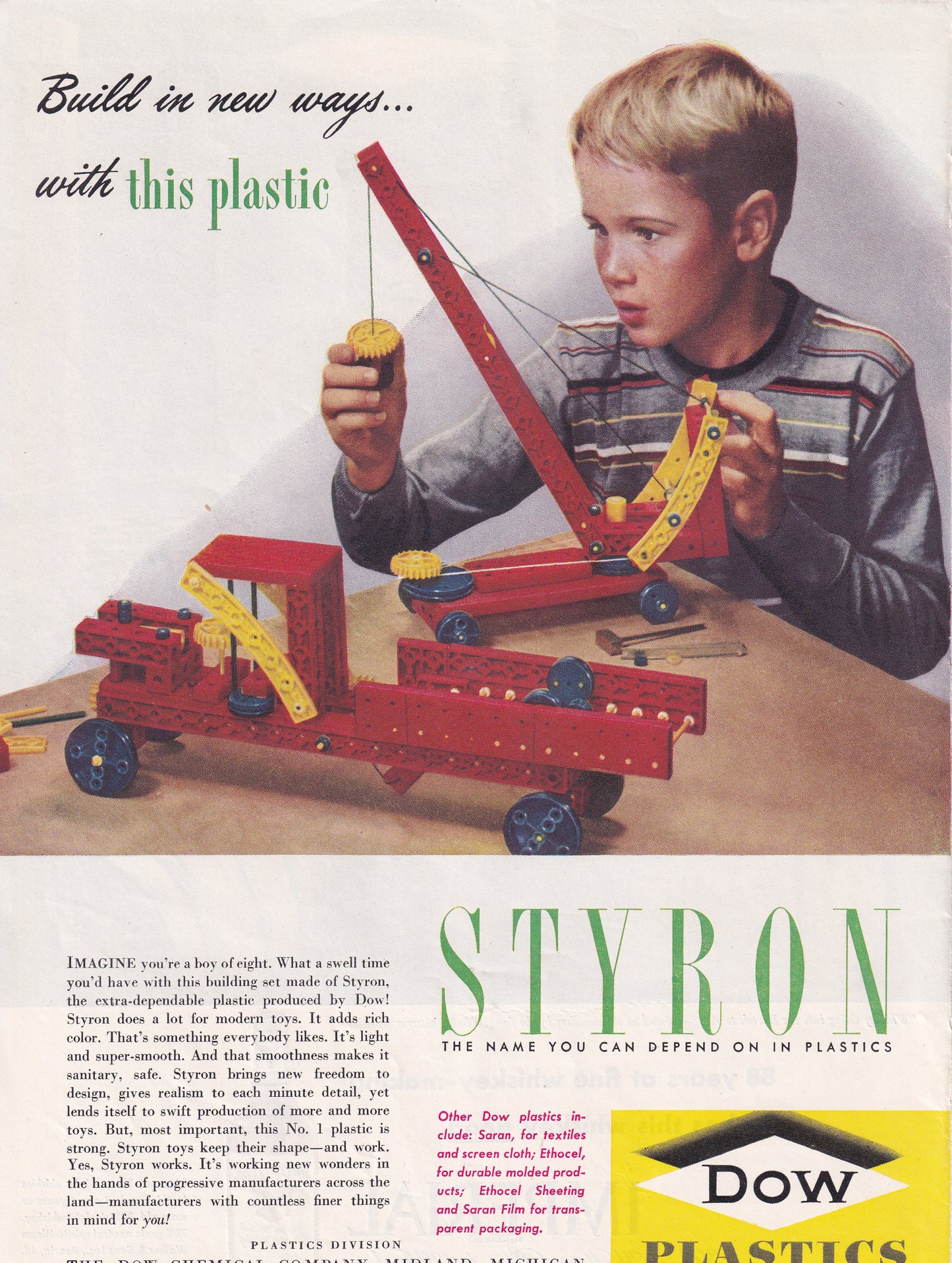 1946 Original Vintage Magazine Ad - Rare Americana - Styron Dow Plastics Boy Playing with Crane