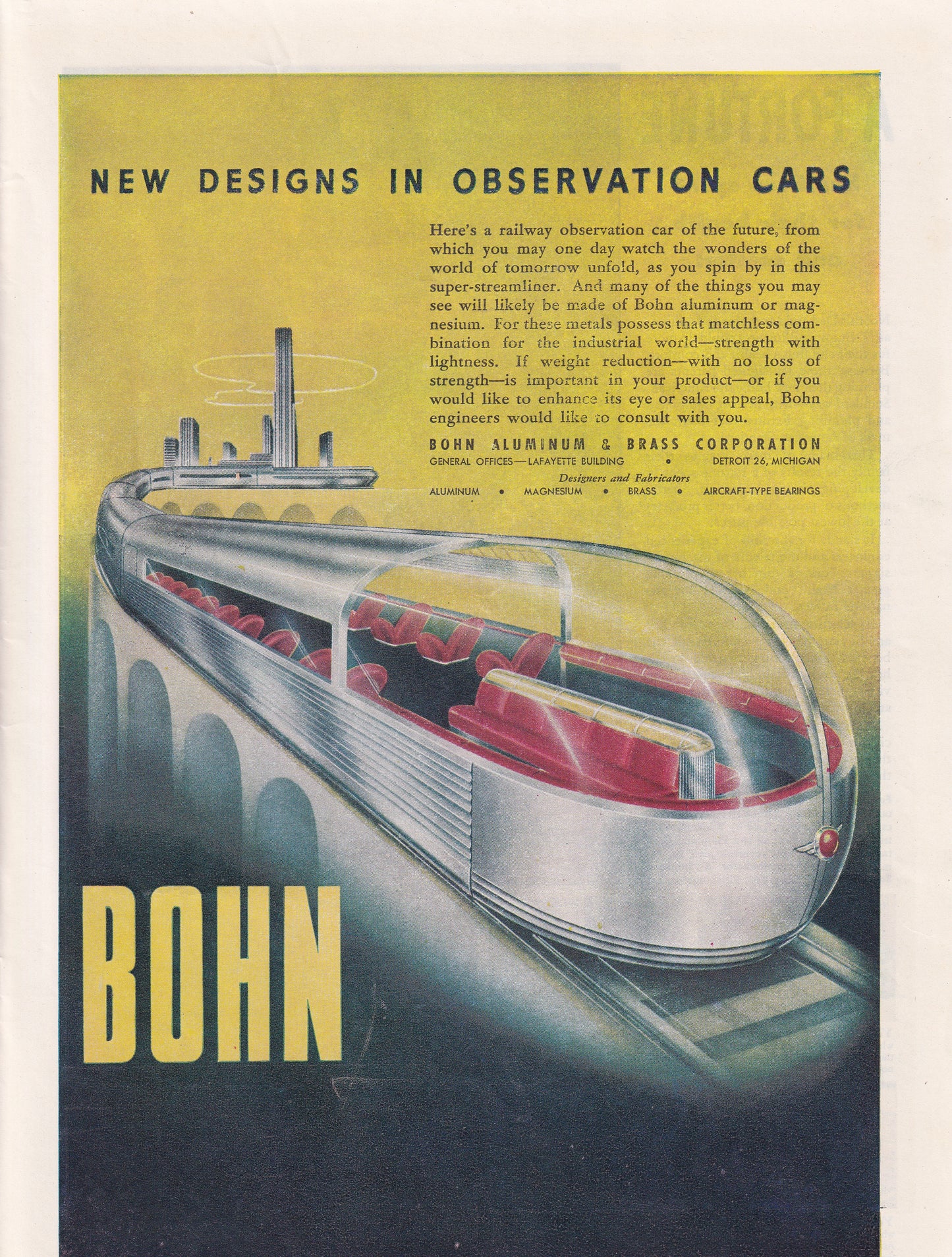 1946 Original Vintage Magazine Ad - Rare Americana - Bohn Aluminum and Brass New Design in Observagtion Cars