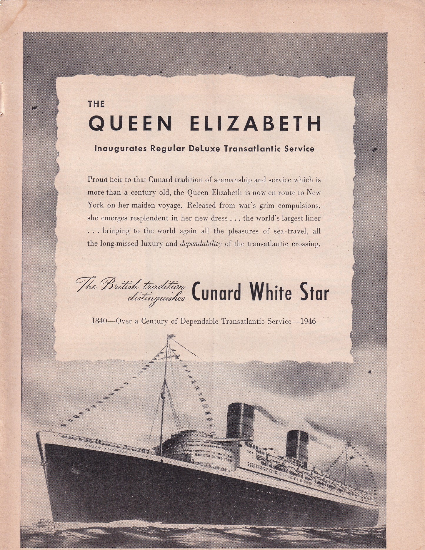 1946 Original Vintage Magazine Ad - Rare Americana - Cunard White Star Cruise Queen Elizabeth Ship
