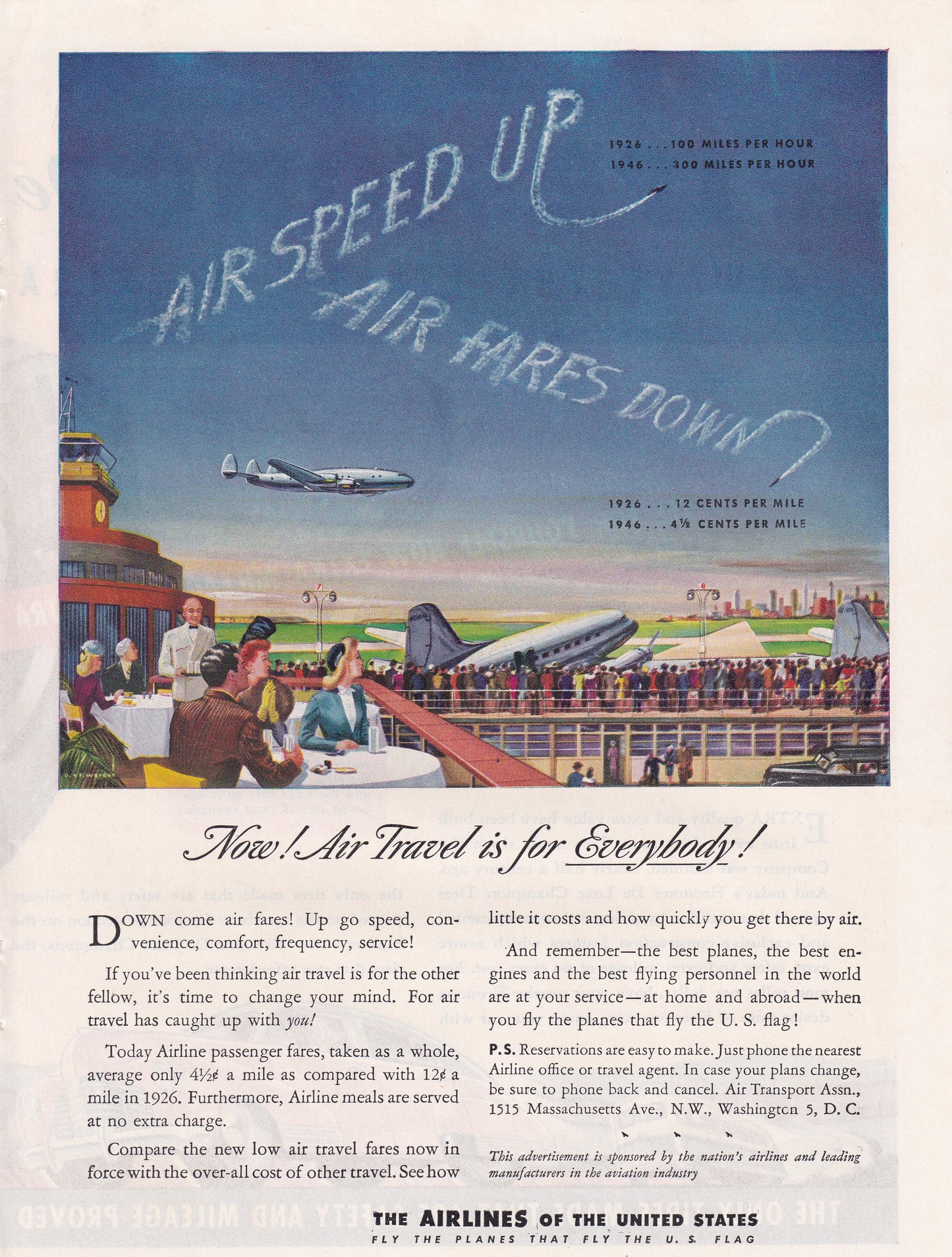 1946 Original Vintage Magazine Ad - Rare Americana - The Airlines of the United States Air Travel is for EVERYBODY