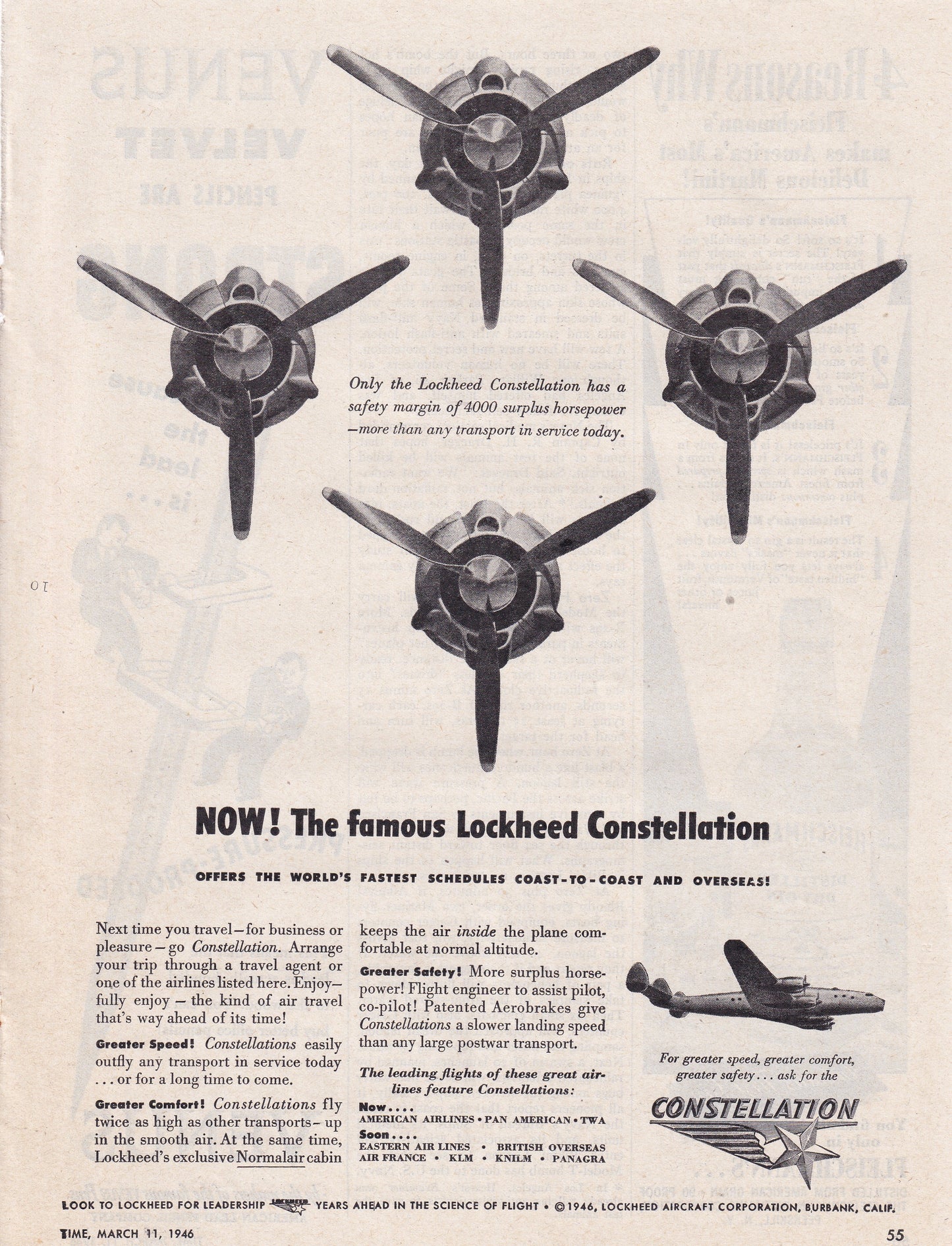 1946 Original Vintage Magazine Ad - Rare Americana - Constellation Airplane Now LOCKHEED CONSTELLATION