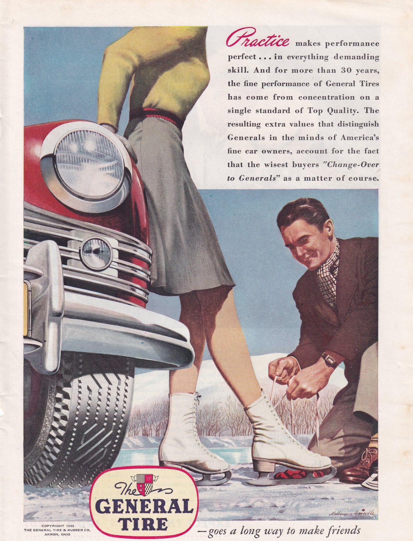 1946 Original Vintage Magazine Ad - Rare Americana - General Tire Simp Tieing Girl's Ice Skate