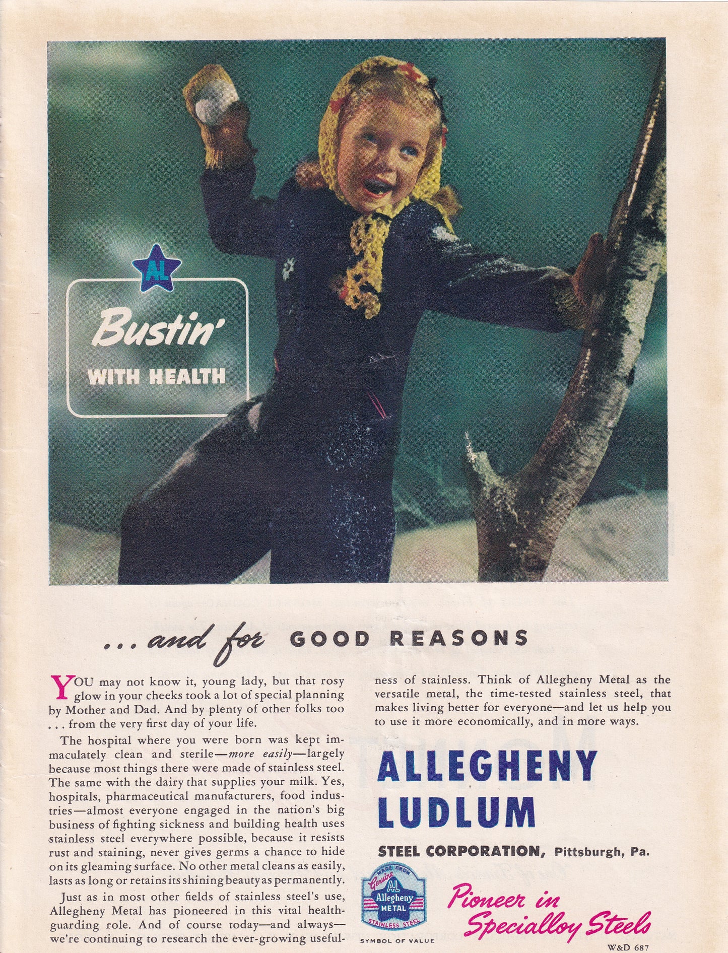 1946 Original Vintage Magazine Ad - Rare Americana - Allegheny Ludlum Little Girl Bustin With Health
