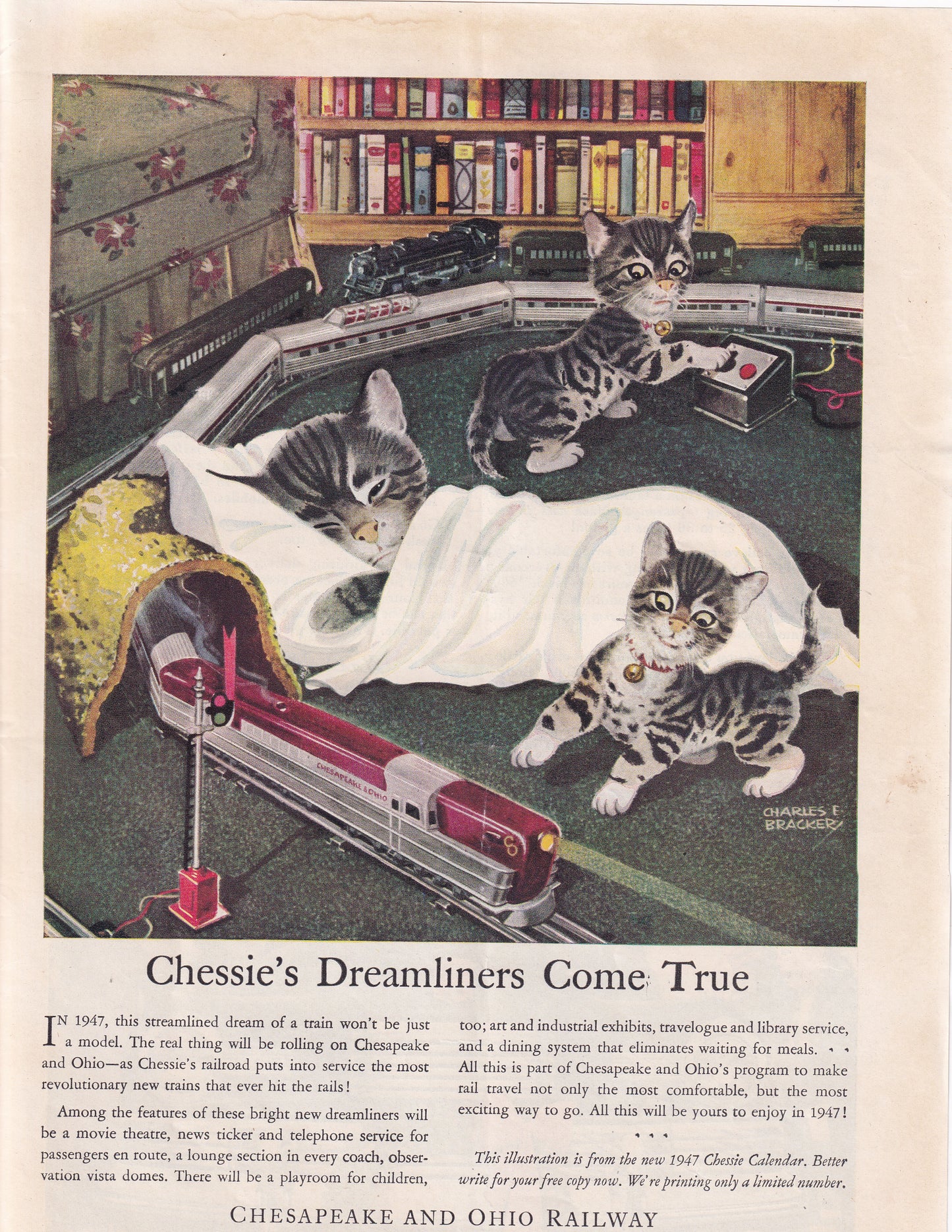 1946 Original Vintage Magazine Ad - Rare Americana - Chesapeake and Ohio Railway Chessie's Dreamiliners Come True Kittens Playing With Trains