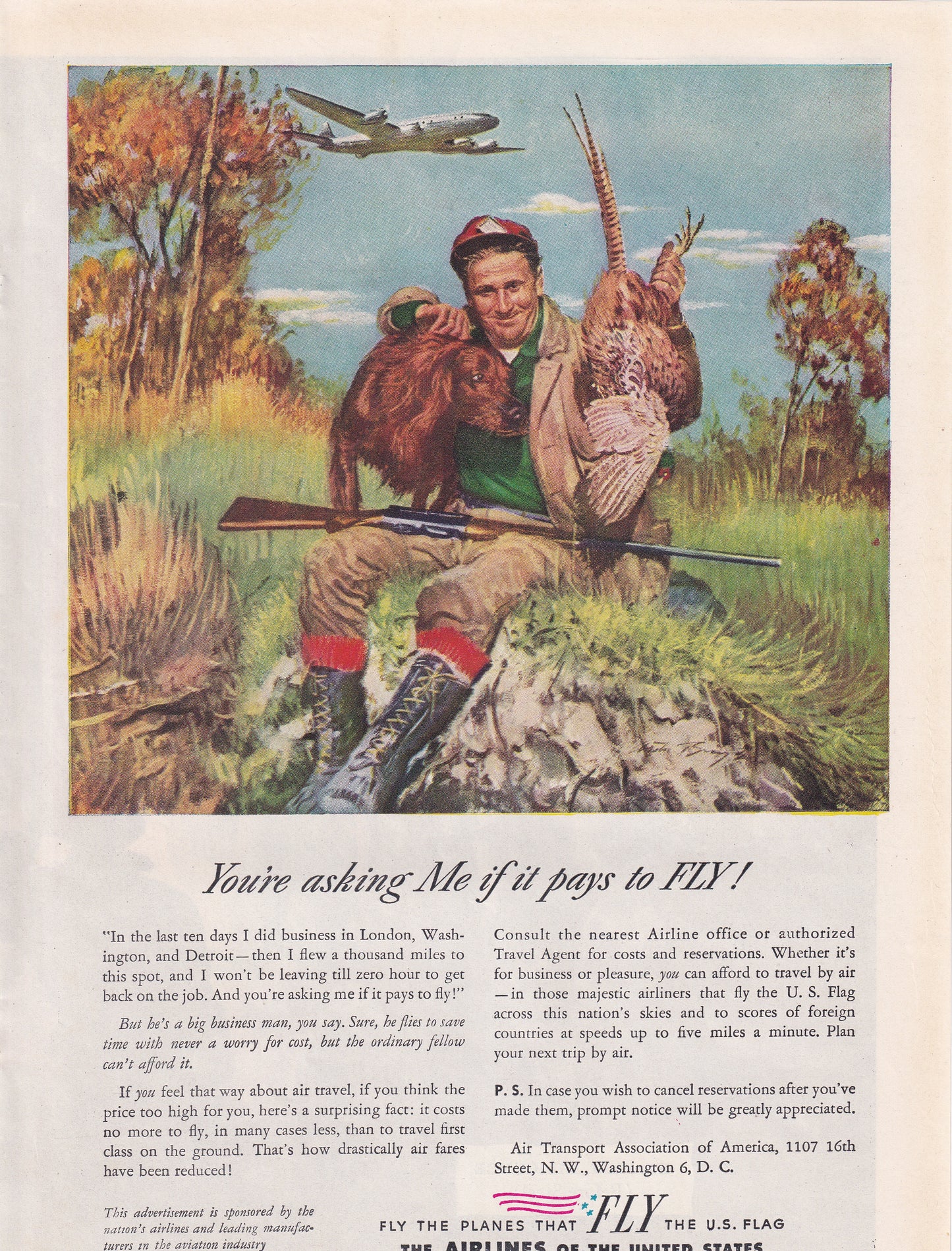 1946 Original Vintage Magazine Ad - Rare Americana - Airlines of the United States Hunting Dog