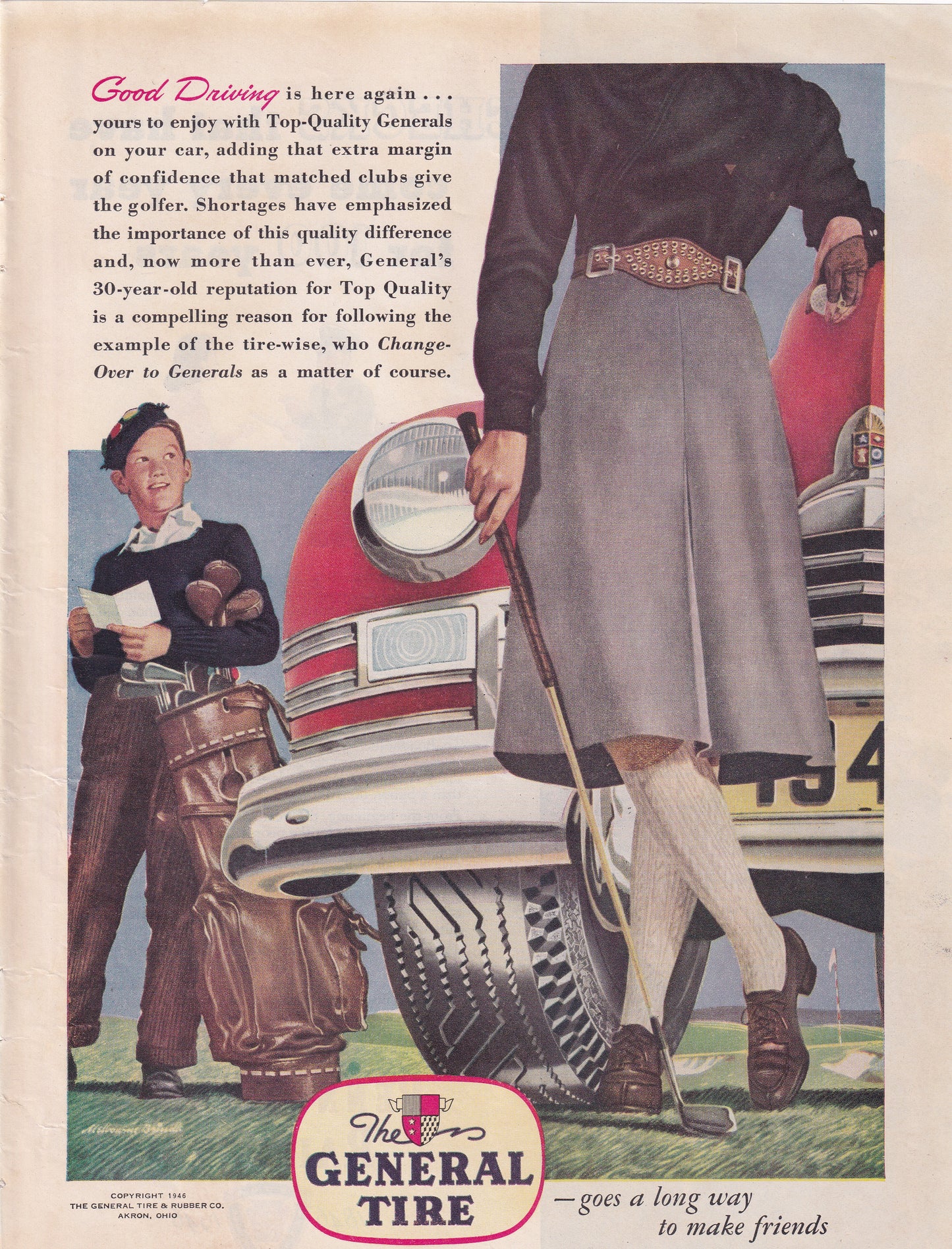 1946 Original Vintage Magazine Ad - Rare Americana - General Tire Good Driving Caddie Golf