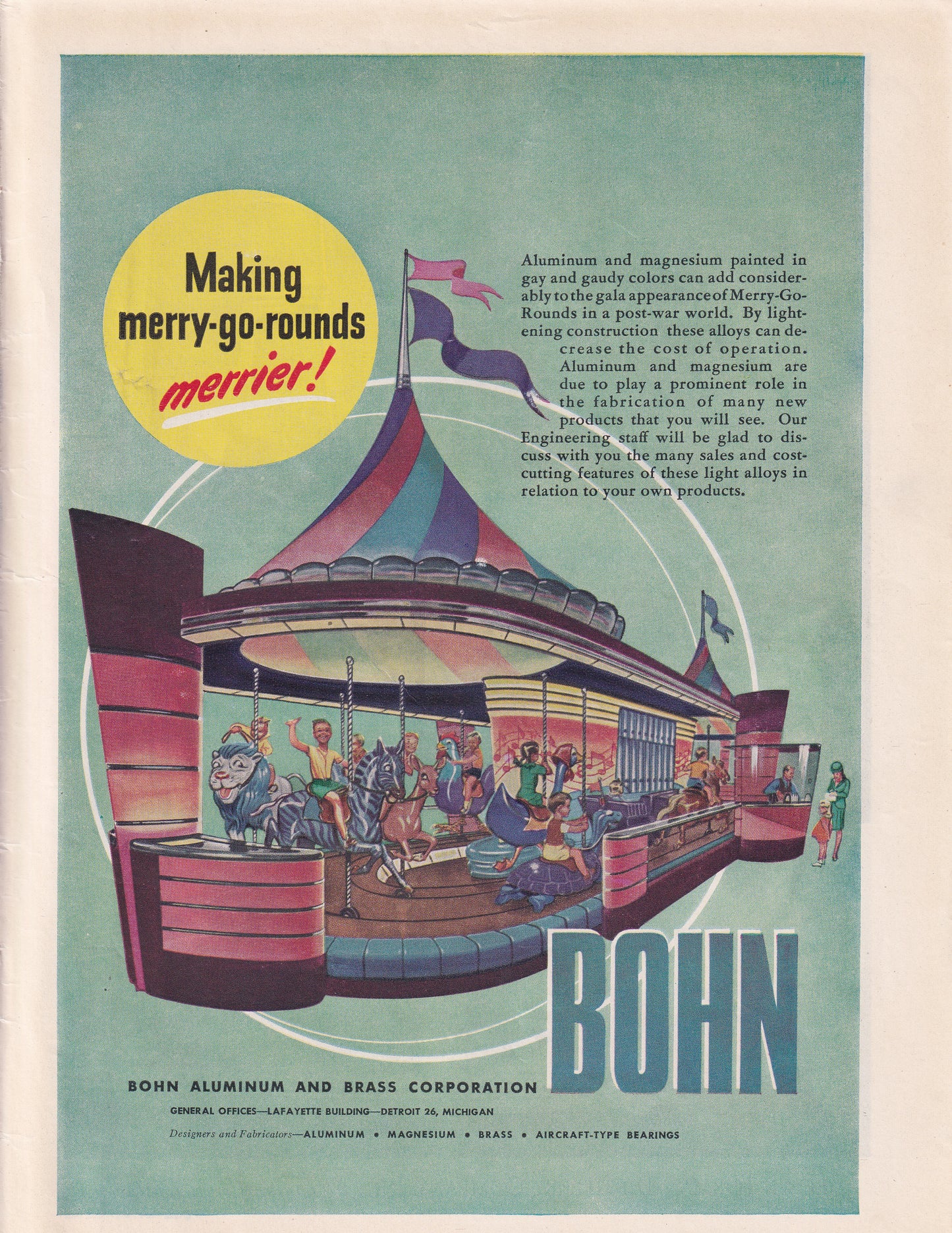 1946 Original Vintage Magazine Ad - Rare Americana - Bohn Aluminum Brass Merry Go Rounds Merrier