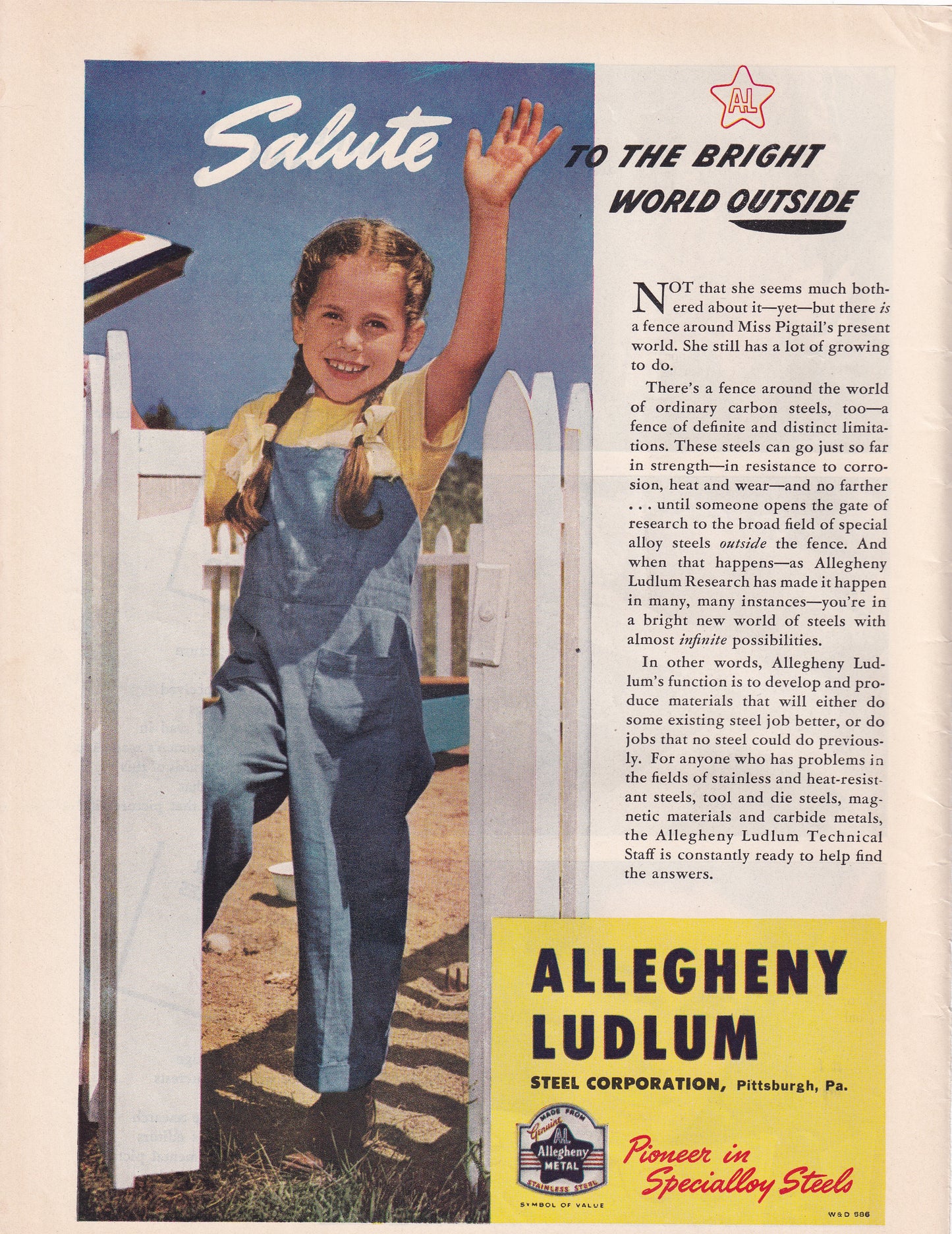 1946 Original Vintage Magazine Ad - Rare Americana - Allegheny Ludlum Salute To The World Outside Pretty Girl White Picket Fence