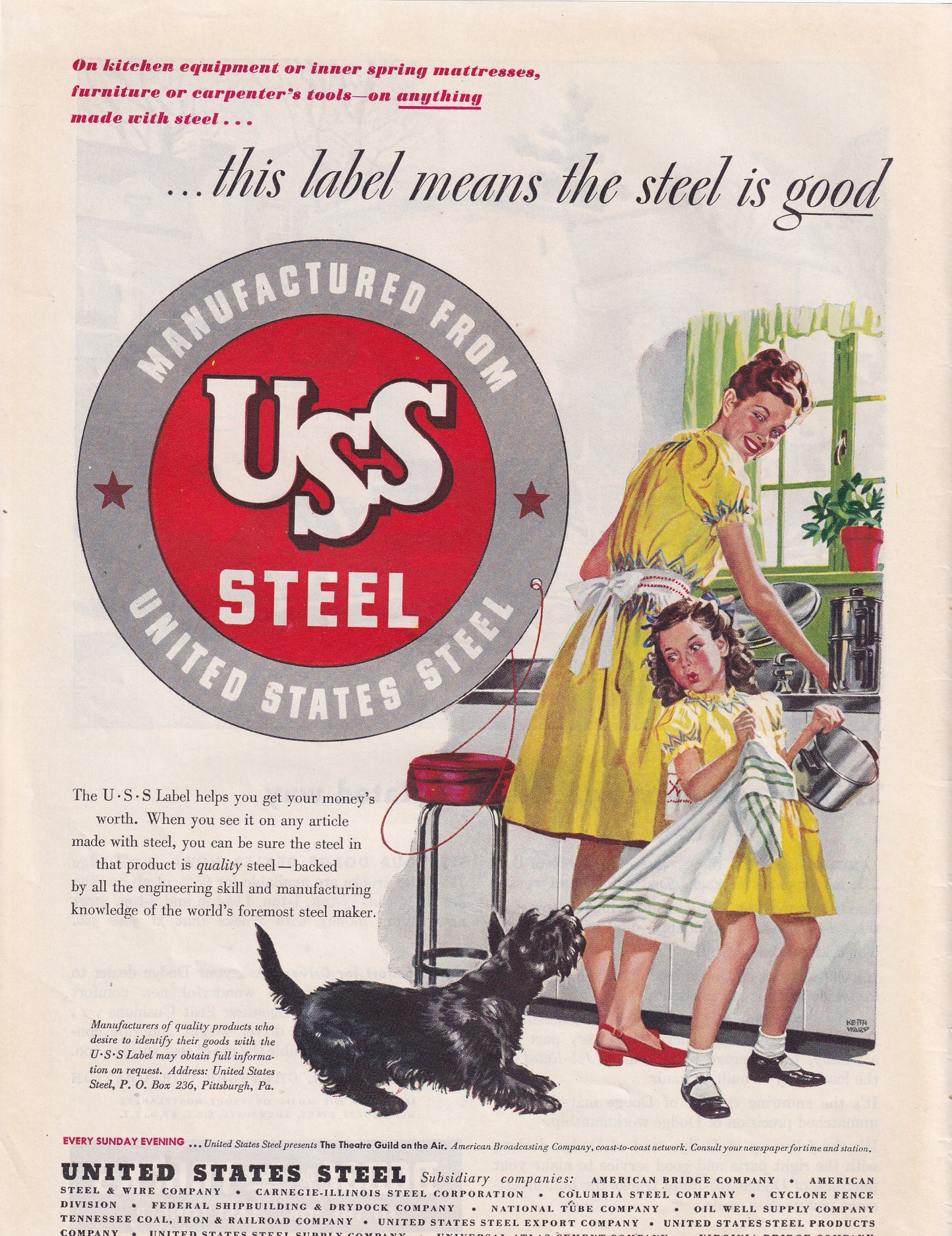 1946 Original Vintage Magazine Ad - Rare Americana - USS United States Steel Mom and Daughter Doing Dishes Scottie Dog
