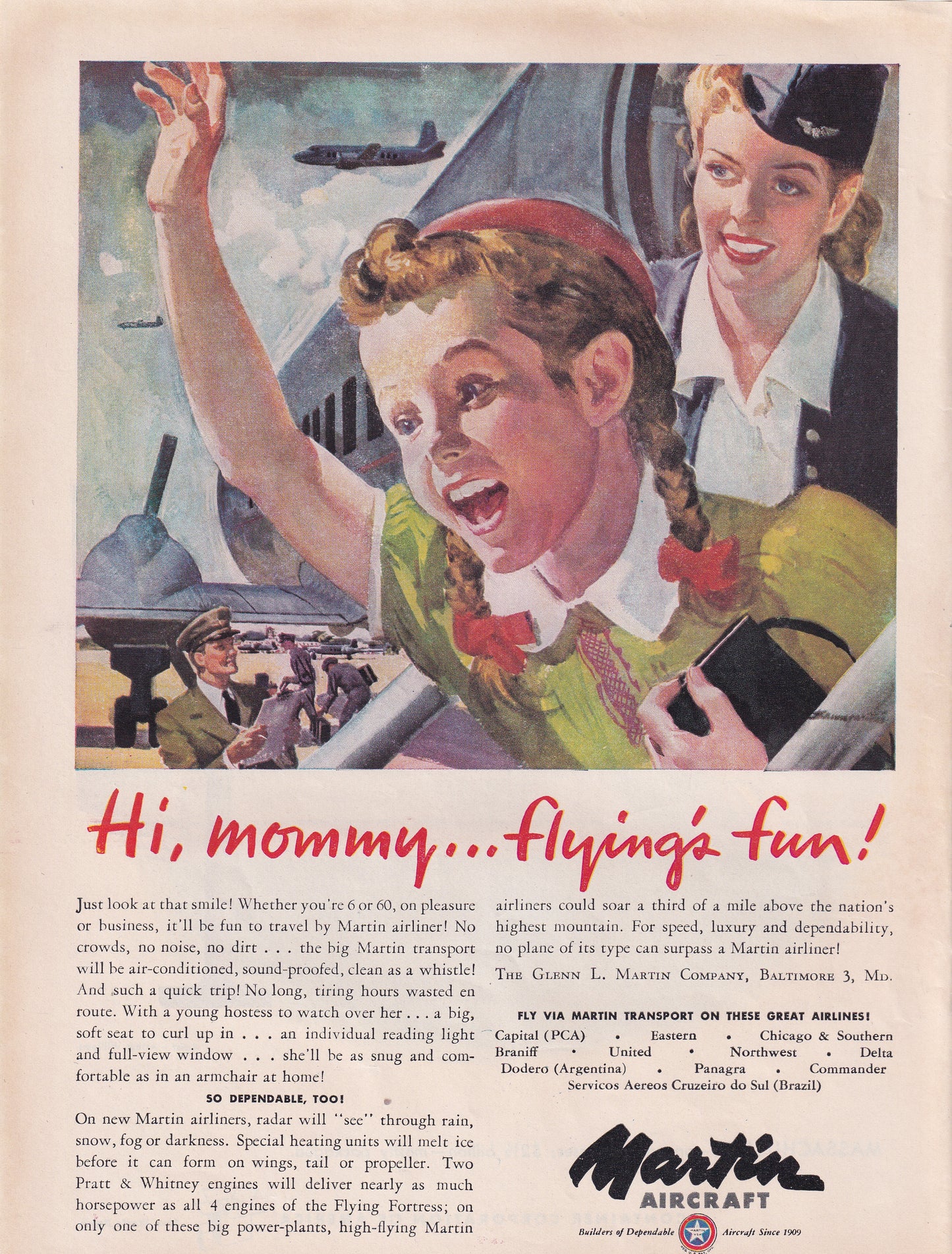 1946 Original Vintage Magazine Ad - Rare Americana - Martin Aircraft Hi, Mommy Flyin's Fun Little Girl