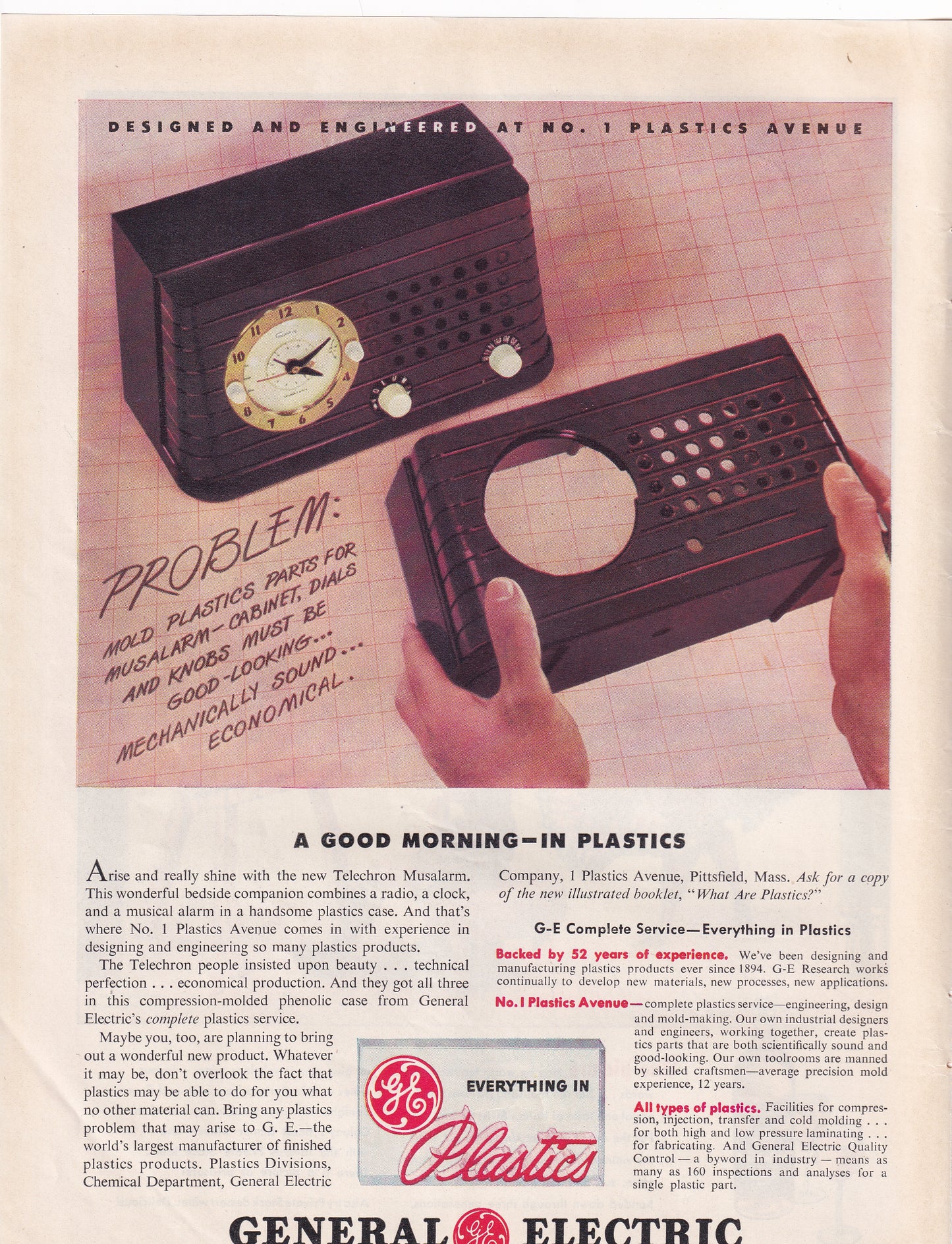 1946 Original Vintage Magazine Ad - Rare Americana - General Electric GE Plastics Alarm Clock