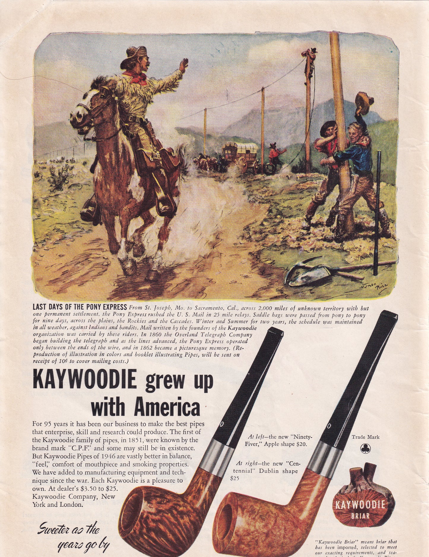 1946 Original Vintage Magazine Ad - Rare Americana - Kaywoodie Briar Smoking Pipe Pony Express