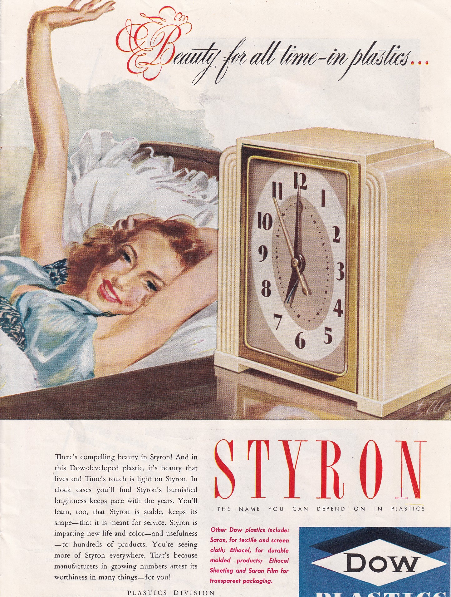 1946 Original Vintage Magazine Ad - Rare Americana - Dow Plastics Styron Beauty for All Time Pretty Girl in Bed