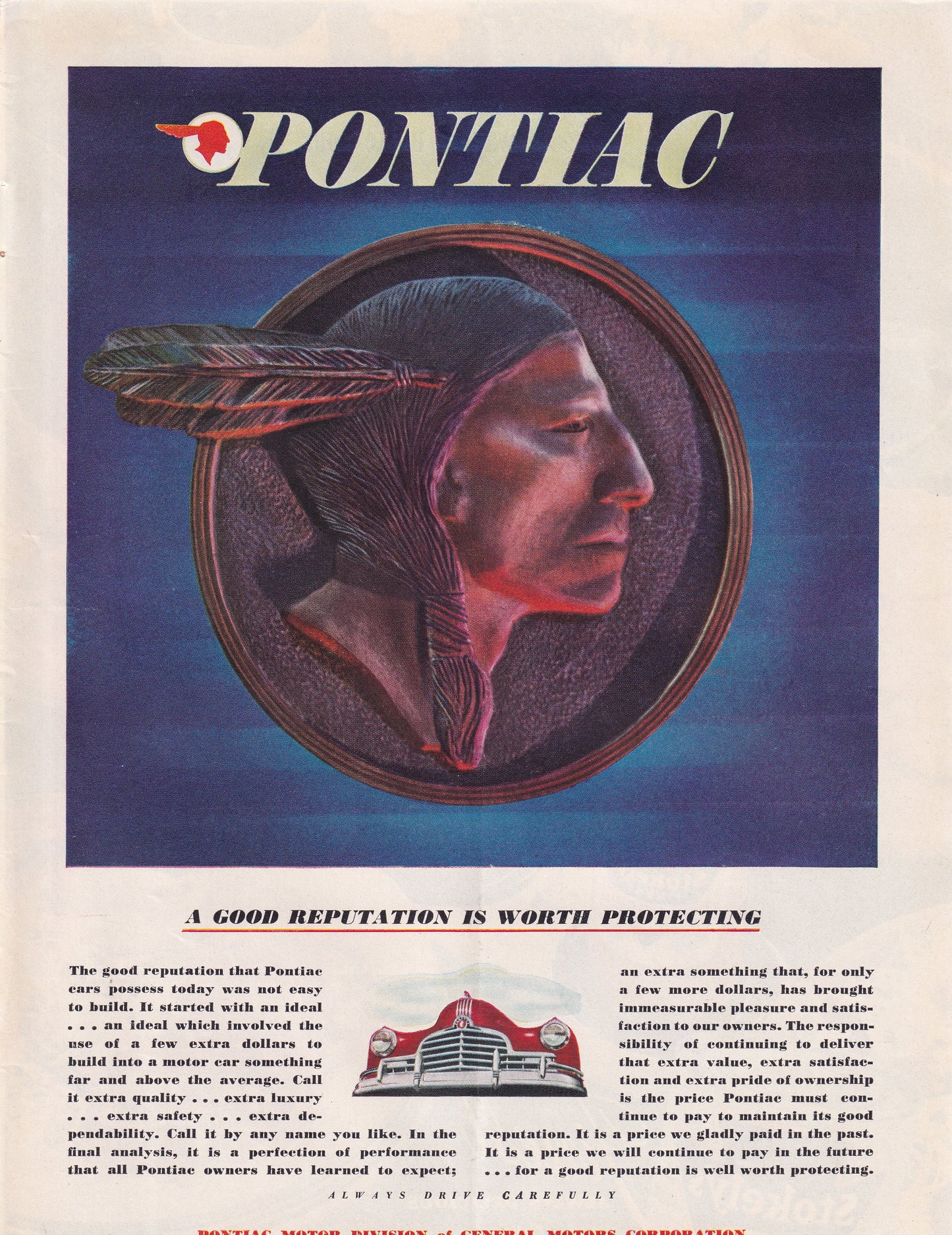 1946 Original Vintage Magazine Ad - Rare Americana - Pontiac Automobile Indian Native American Good Reputation
