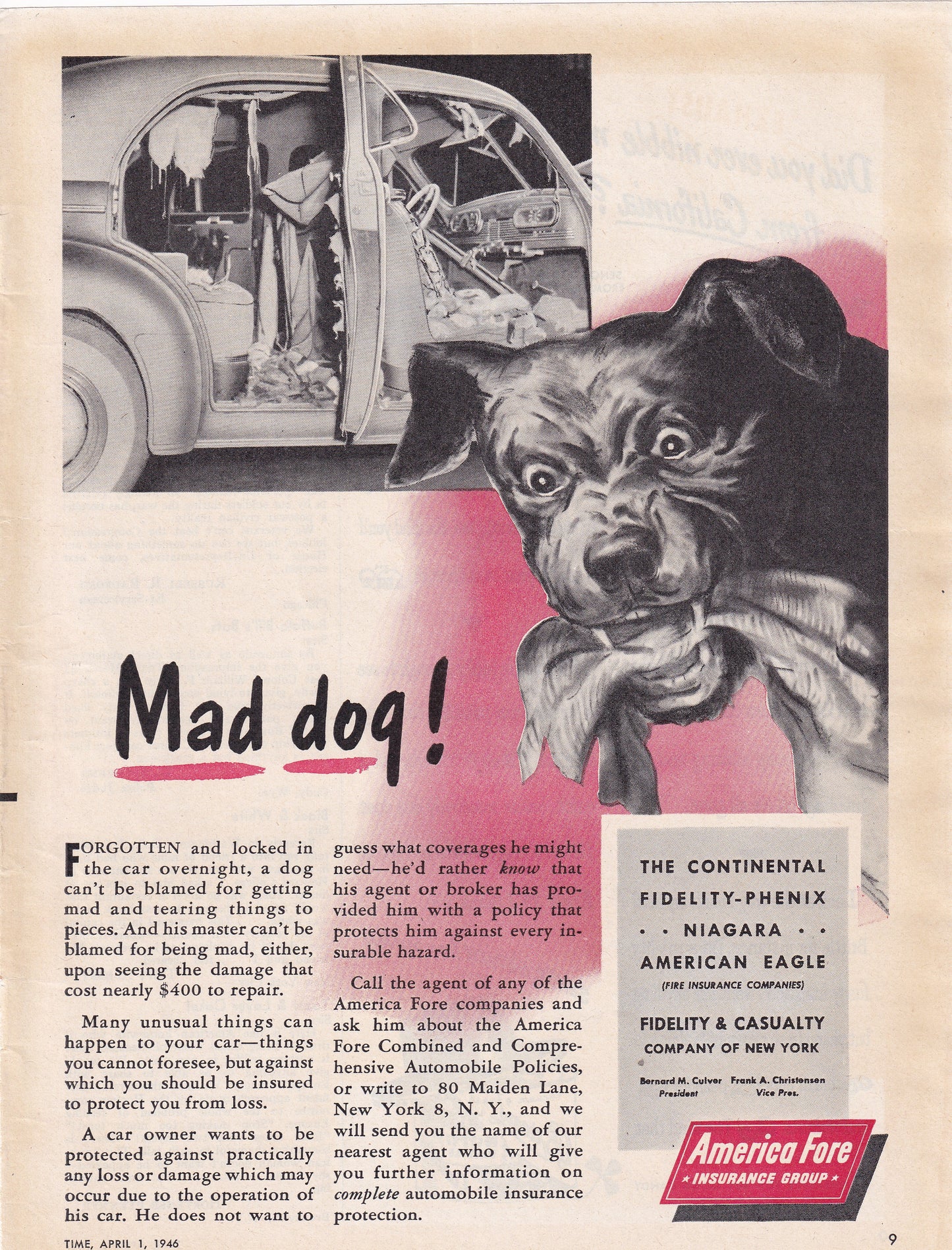 1946 Original Vintage Magazine Ad - Rare Americana - America Fare Insurance Mad Dog Destroyed Car