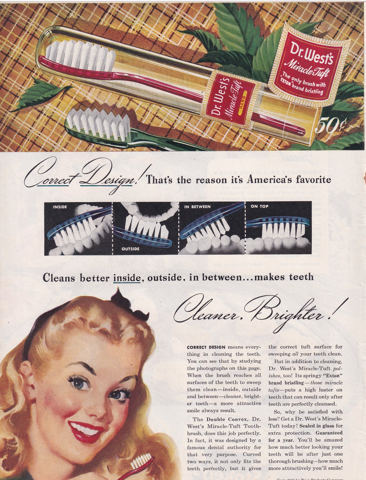1946 Original Vintage Magazine Ad - Rare Americana - Dr. West's Miracle Tuft Pretty Blonde Girl