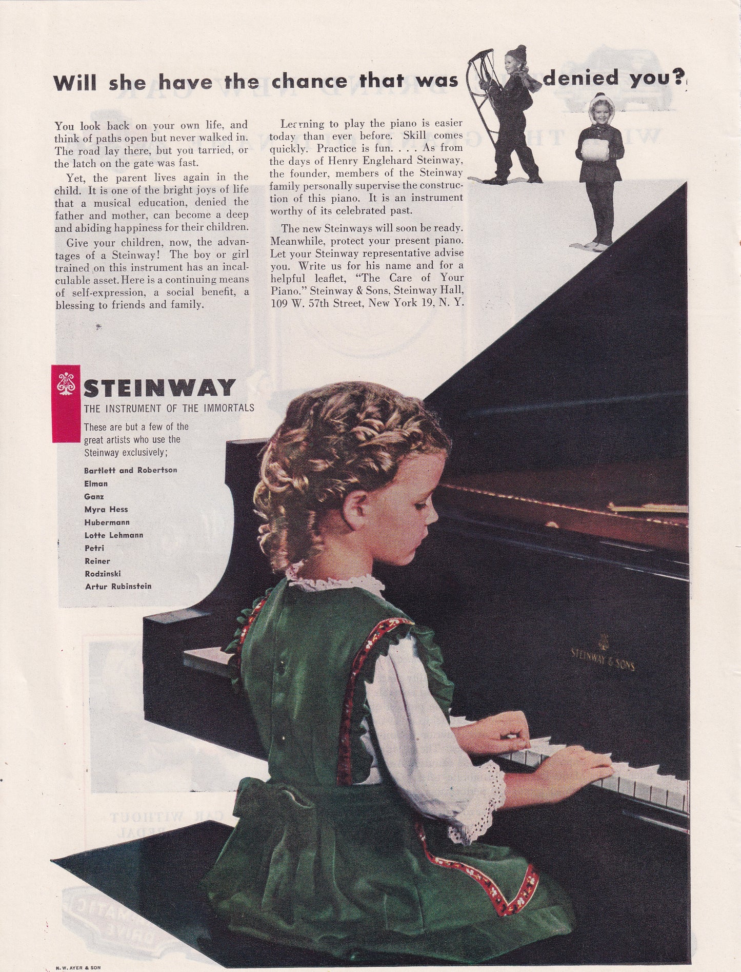 1946 Original Vintage Magazine Ad - Rare Americana - Steinway Piano Young Girl Playing Piano