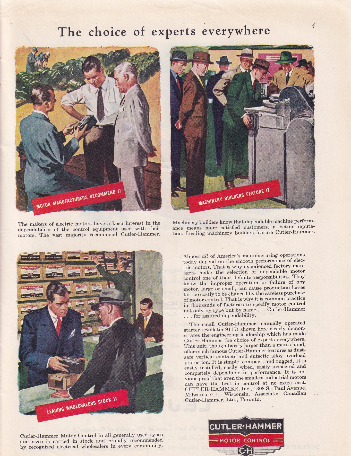 1946 Original Vintage Magazine Ad - Rare Americana - Cutler Hammer Motor Control The Choice of Experts