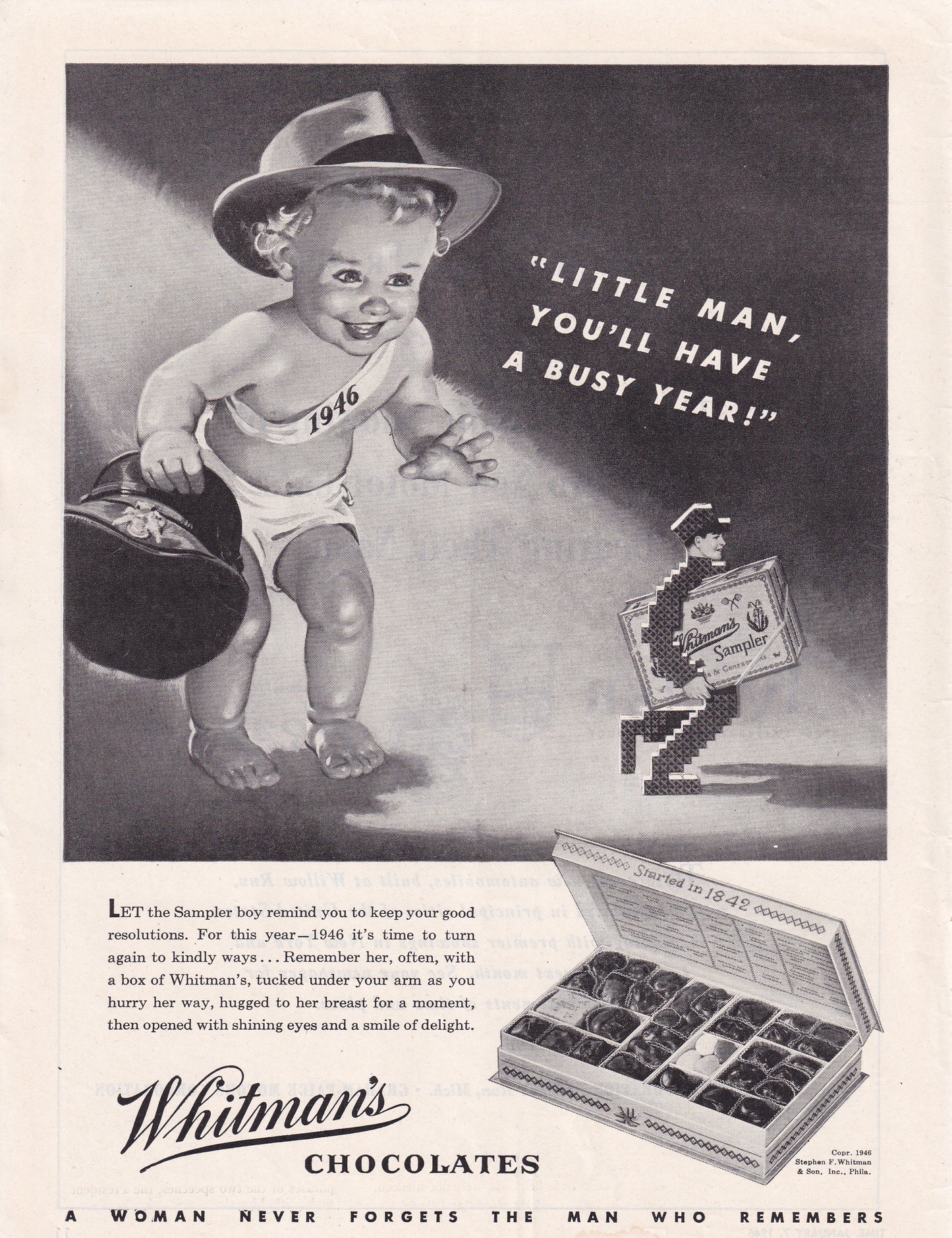 1946 Original Vintage Magazine Ad - Rare Americana - Whitman's Chocolates Little Man You'll Have a Busy Year