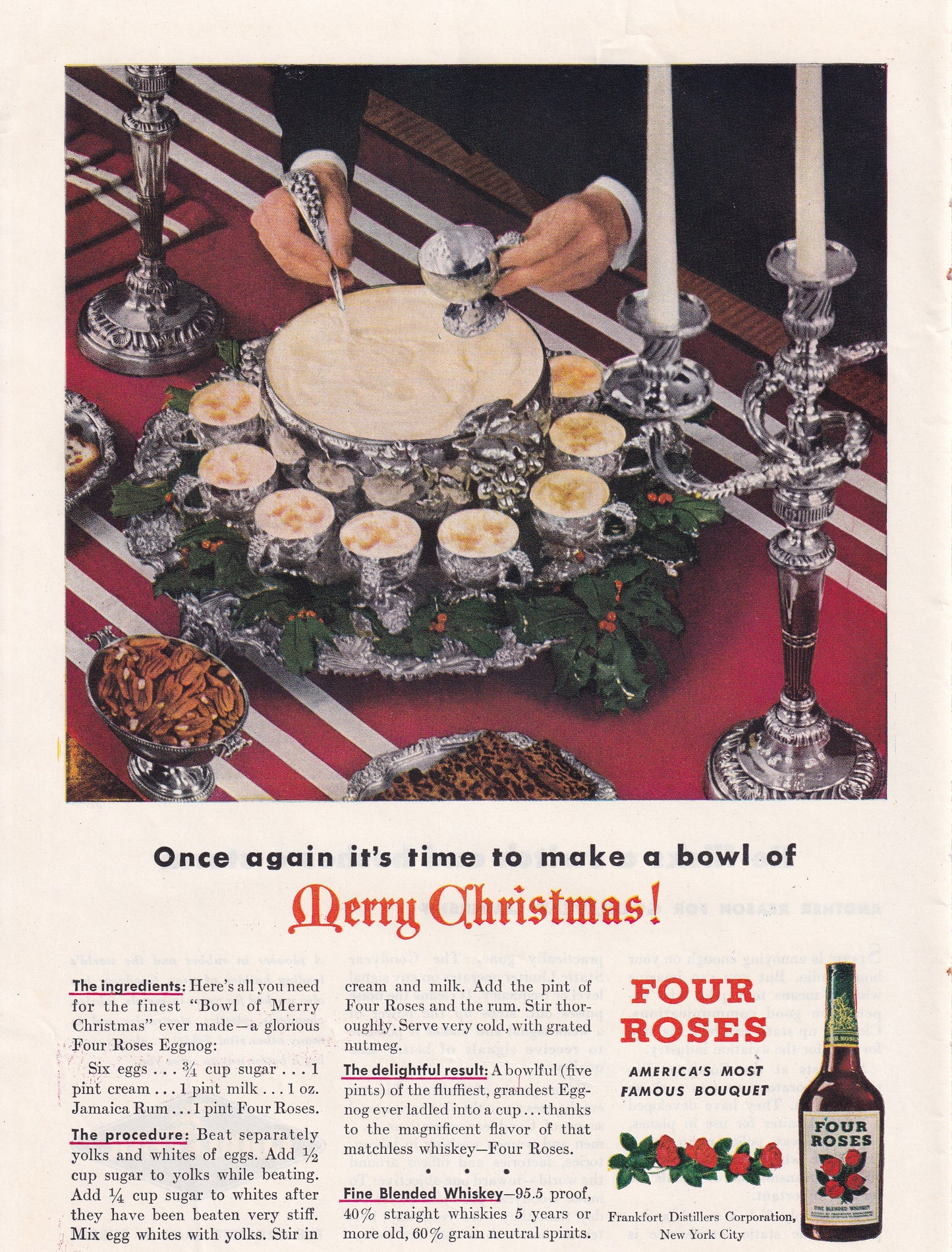 1946 Original Vintage Magazine Ad - Rare Americana - Four Roses Whiskey Merry Christmas Egg Nog