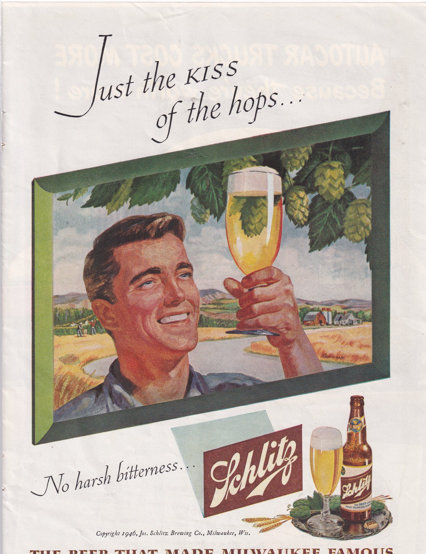 1946 Original Vintage Magazine Ad - Rare Americana - Schlitz Beer Just the Kiss of Hops No Harsh Bitterness