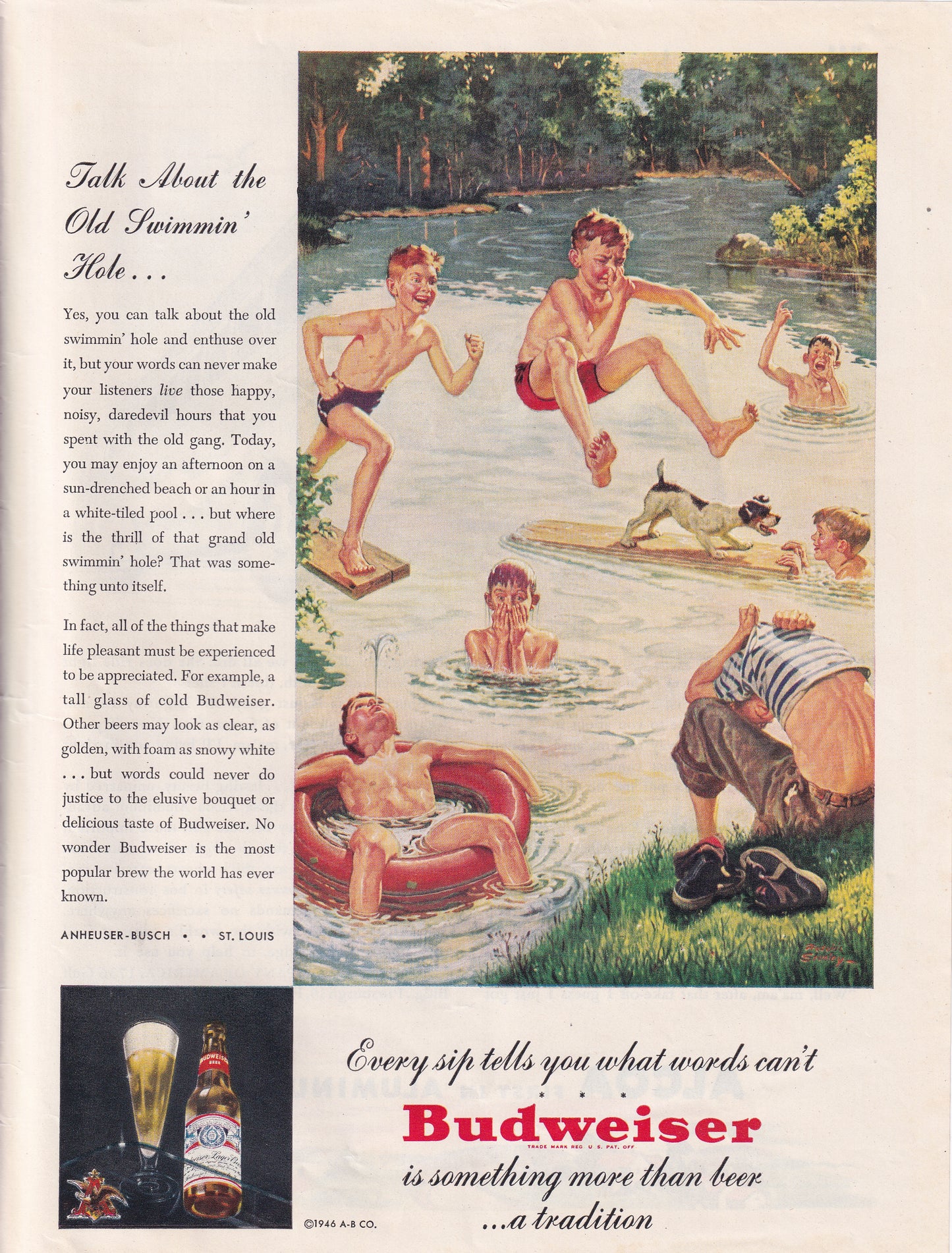 1946 Original Vintage Magazine Ad - Rare Americana - Budweiser Beer Boys Swimming in Old Swimming Hole