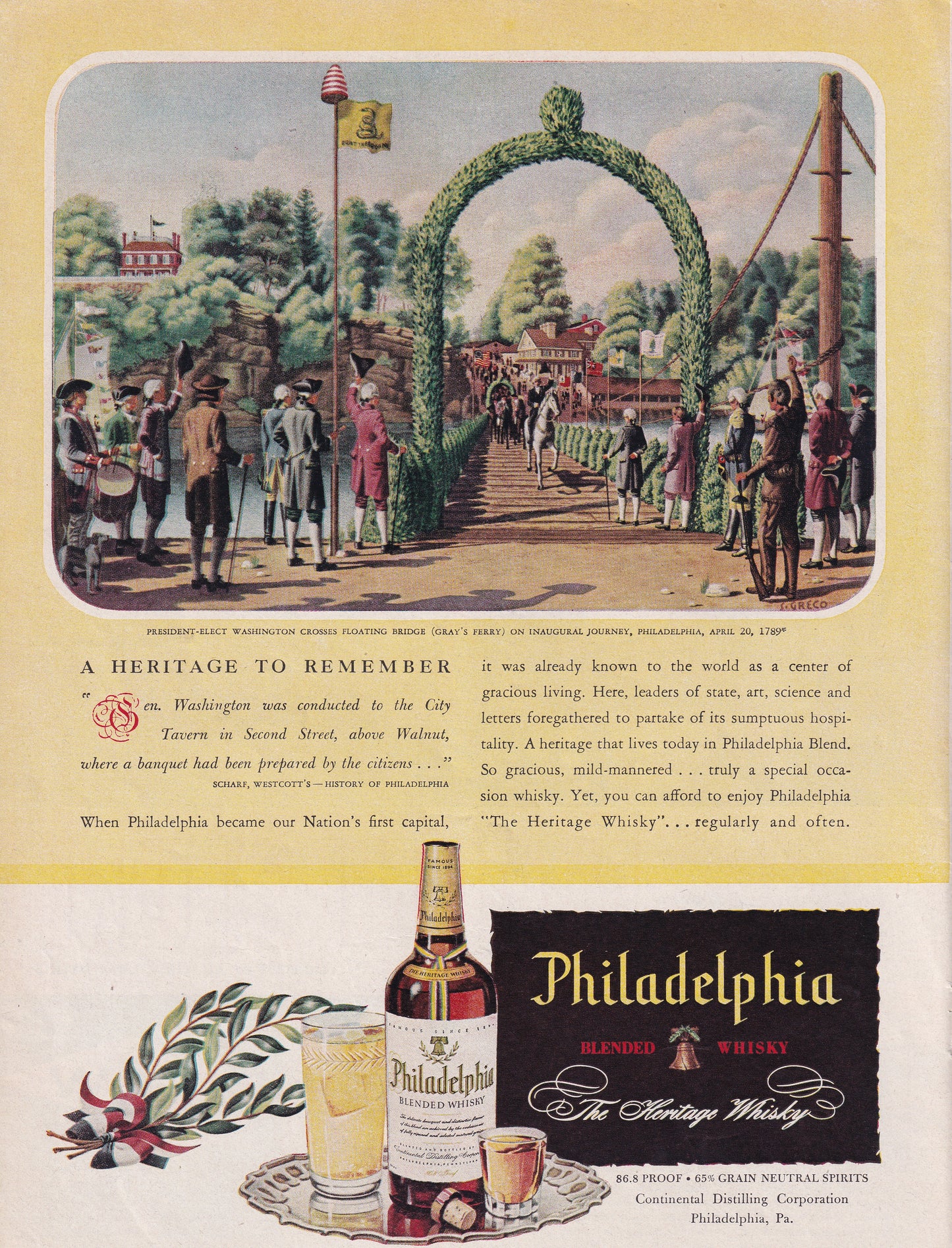 1946 Original Vintage Magazine Ad - Rare Americana - Philadelphia Whiskey President Washington Crosses Floating Bridge Gray's Ferry