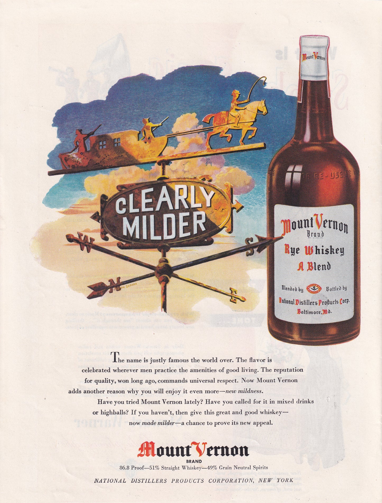 1946 Original Vintage Magazine Ad - Rare Americana - Mount Vernon Rye Whiskey Clearly Milder Weather Vane