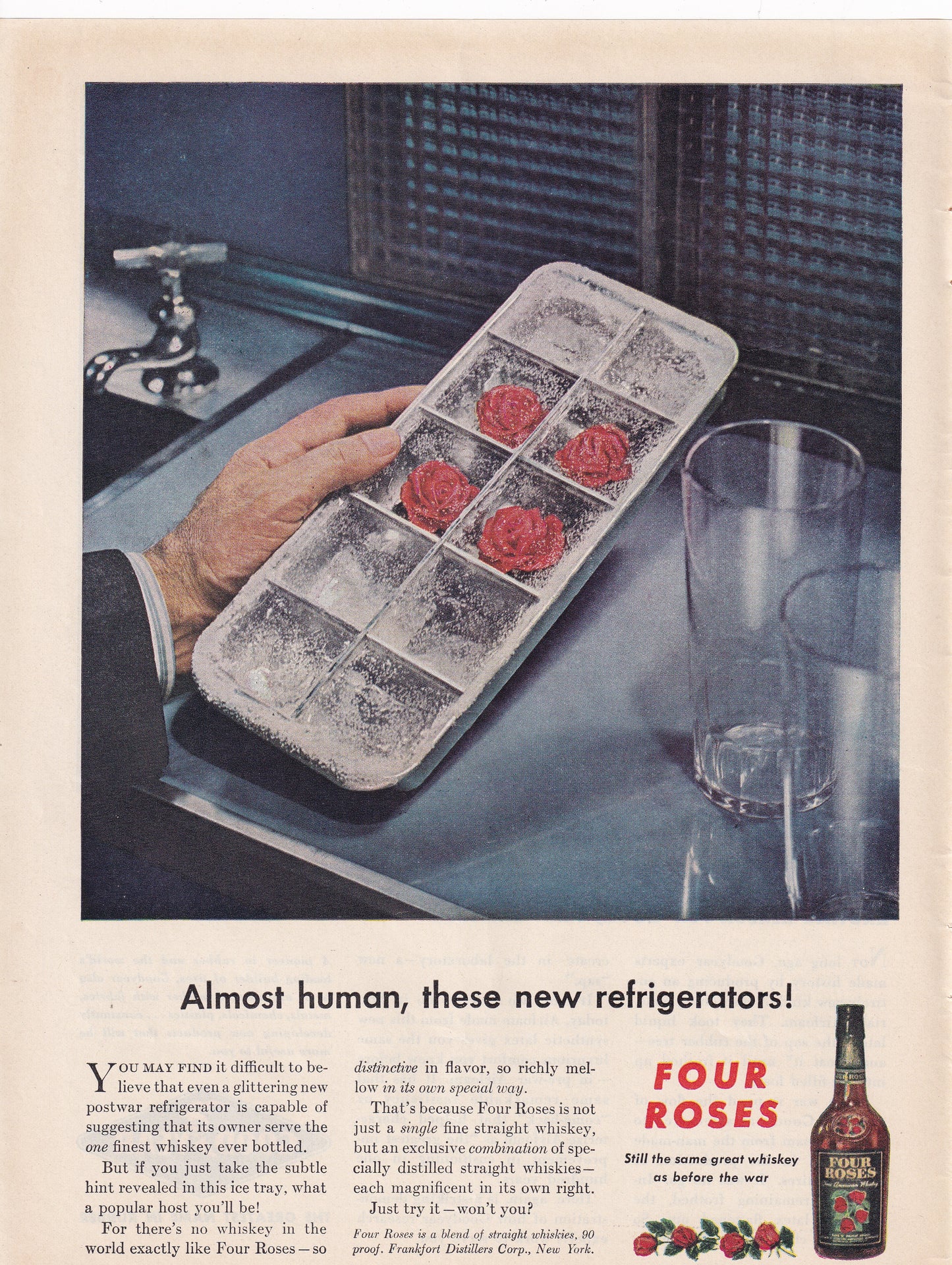 1946 Original Vintage Magazine Ad - Rare Americana - Four Roses Whiskey Ice Cube Tray New Refrigerators