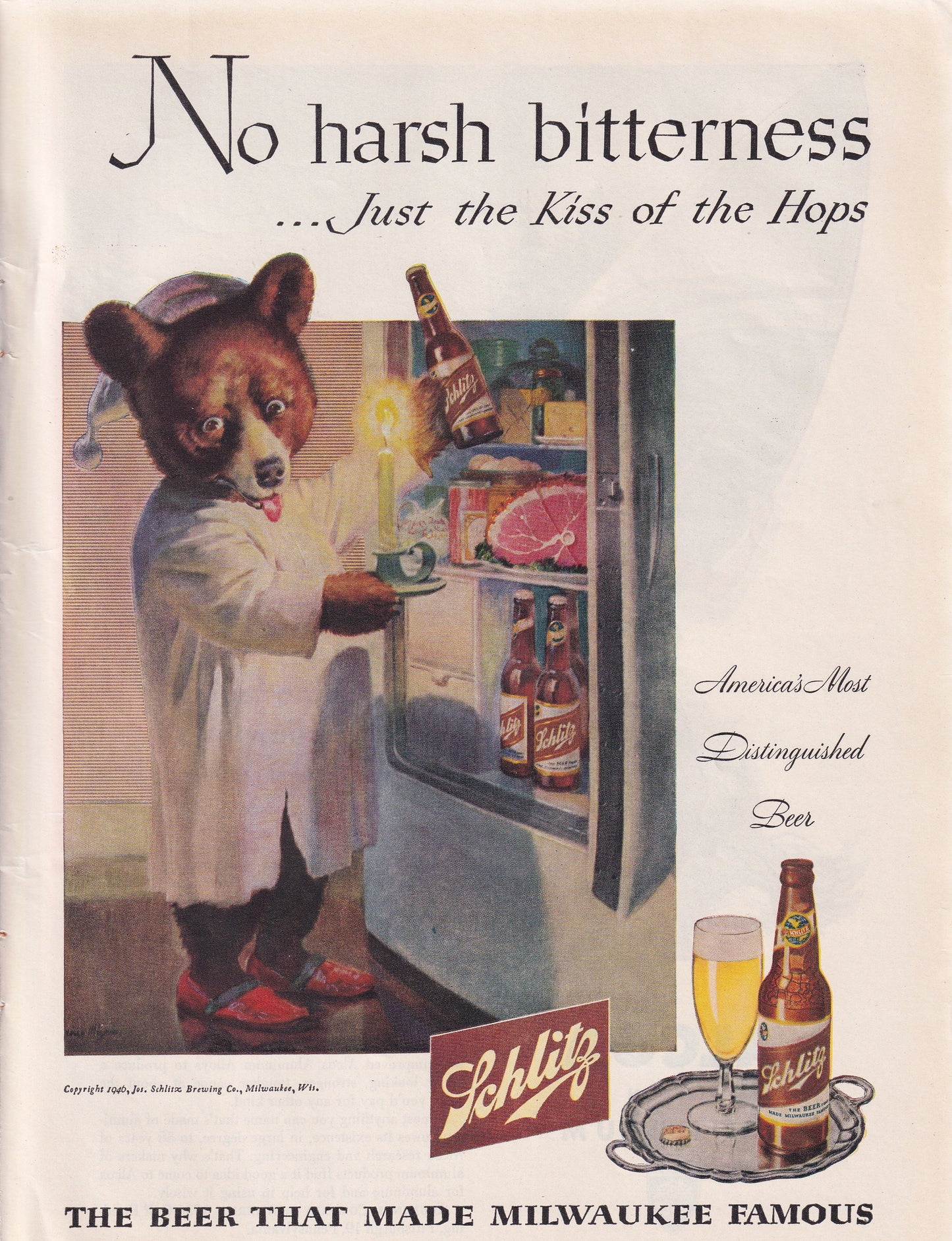 1946 Original Vintage Schlitz Beer Bear Midnight Snack Ad - Rare Americana