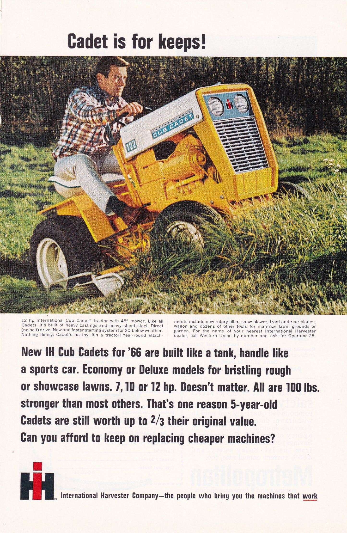 1966 Original Vintage Magazine Ad - International Harvester Cub Cadet - Ride on Lawnmower