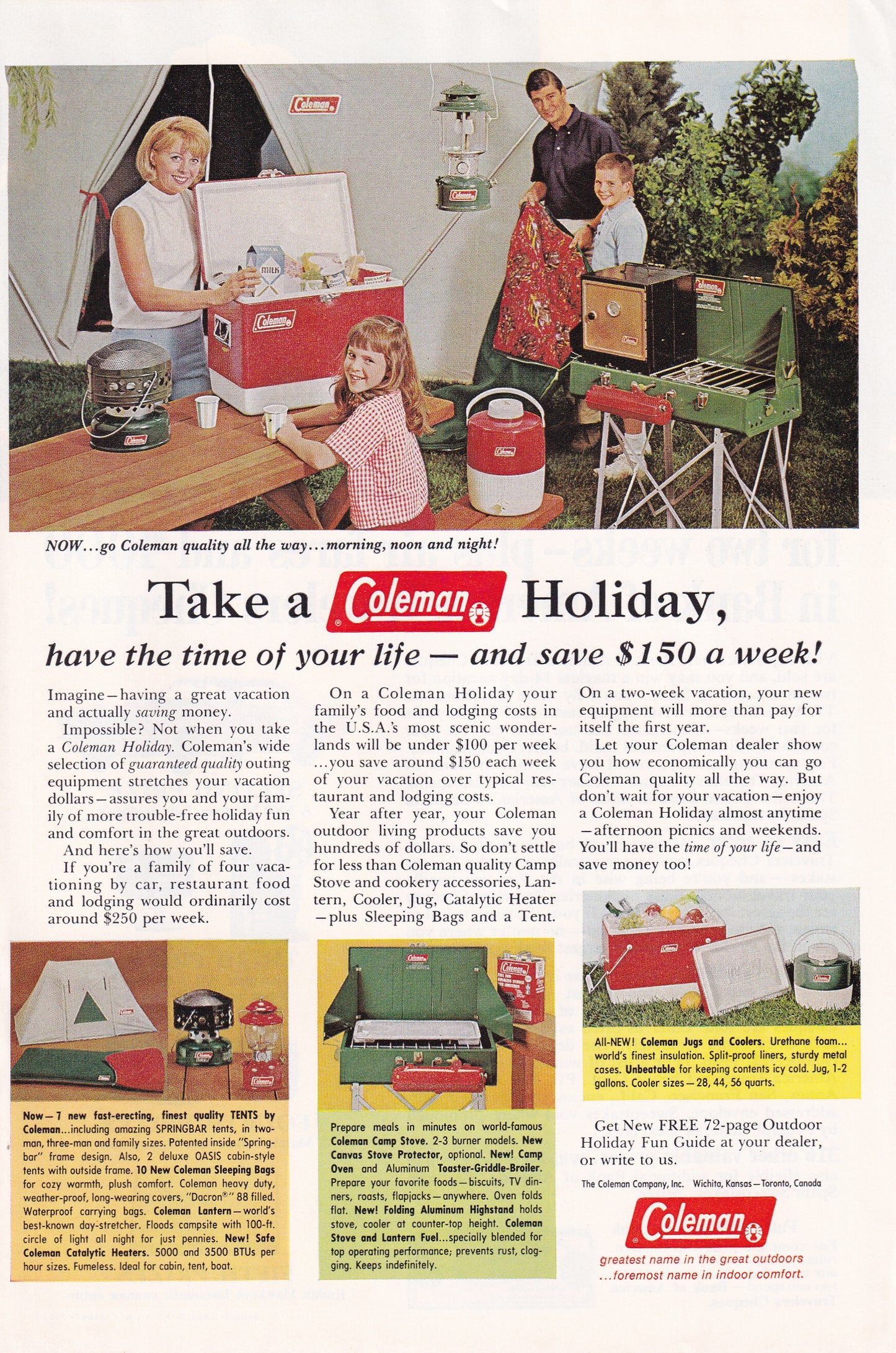 1966 Original Vintage Magazine Ad - Coleman Camping Equipment and Cooler