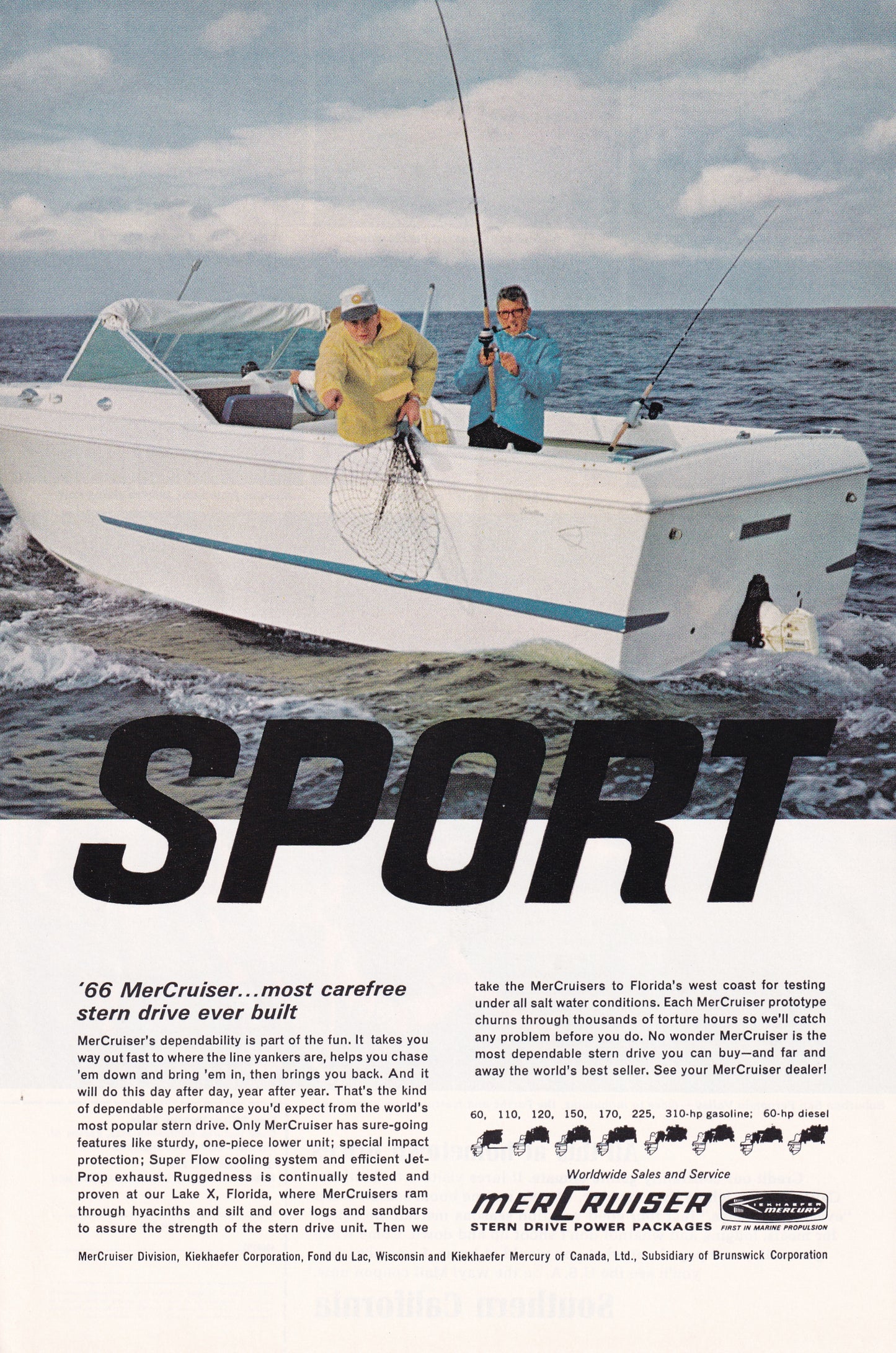 1966 Original Vintage Magazine Ad - MerCruiser Sport Stern Drive Power Package - Fishing Boat