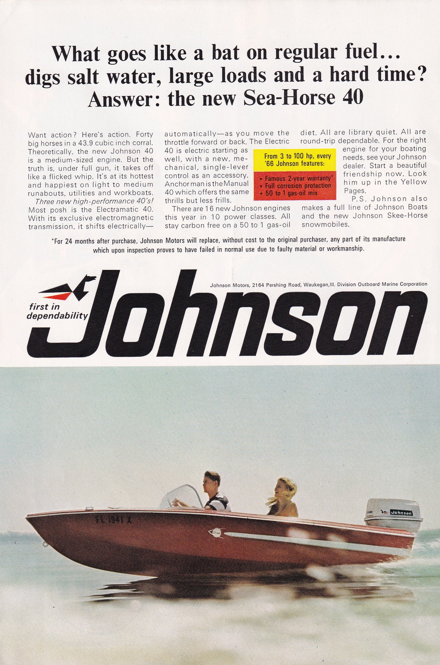 1966 Original Vintage Magazine Ad - Johnson Motors Fishing Boat - First in Dependability