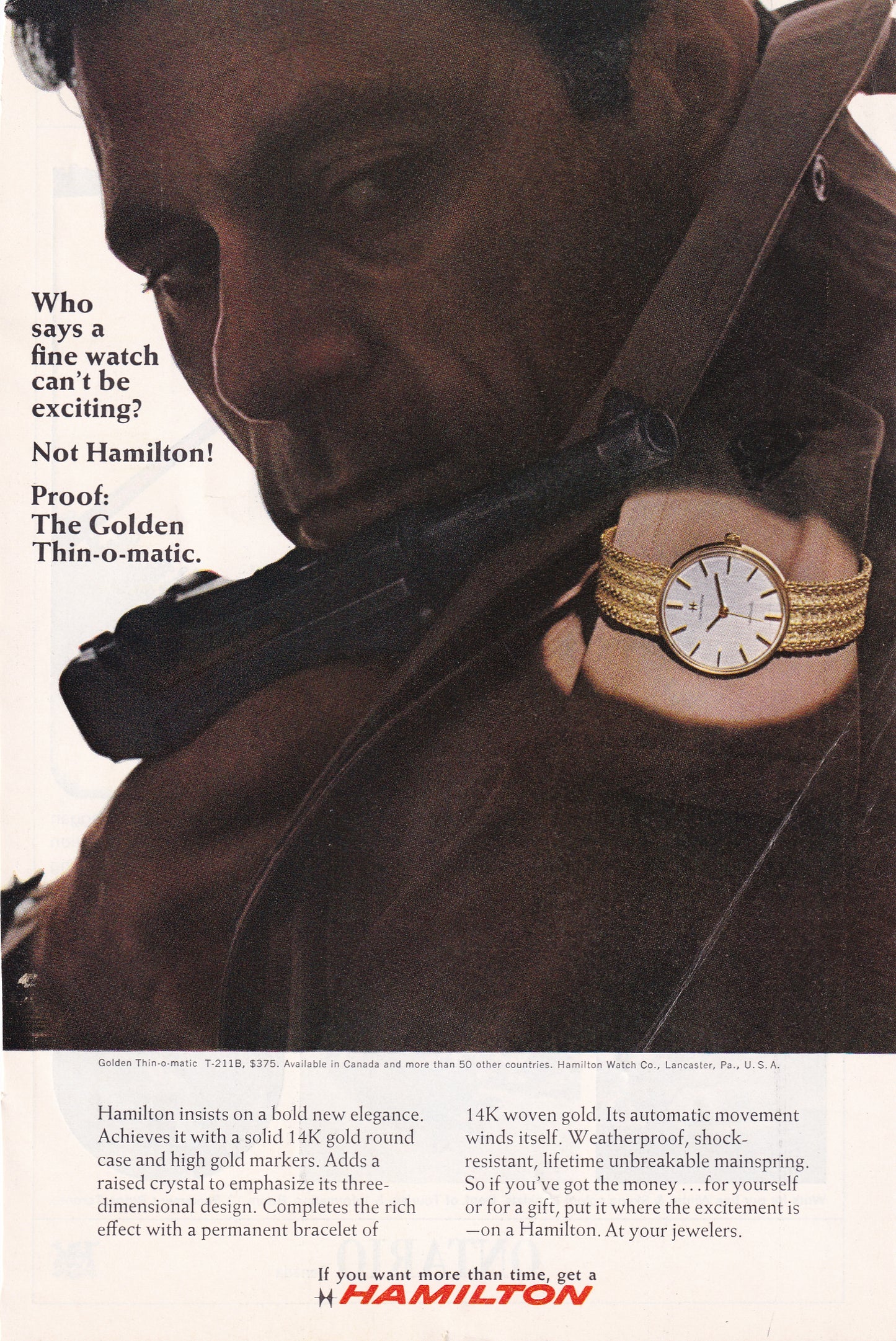 1966 Original Vintage Magazine Ad - Hamilton Golden Thin O Matic T211-B $375